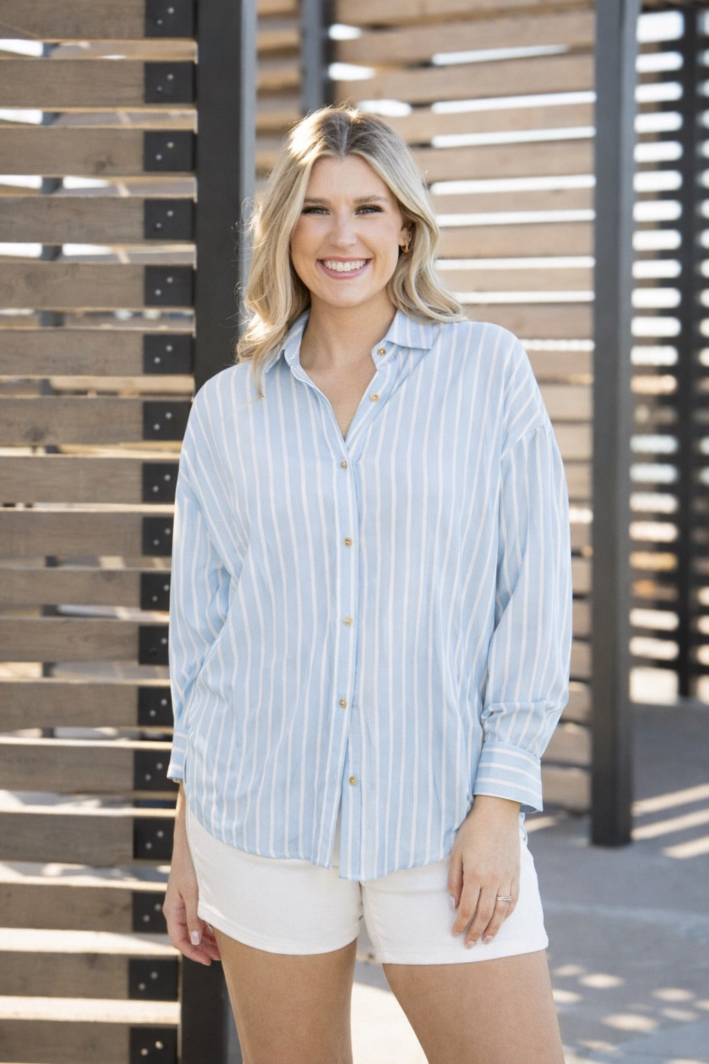 Kathryn Classic Button-Up Shirt, Blue Stripes | Grace+Emma