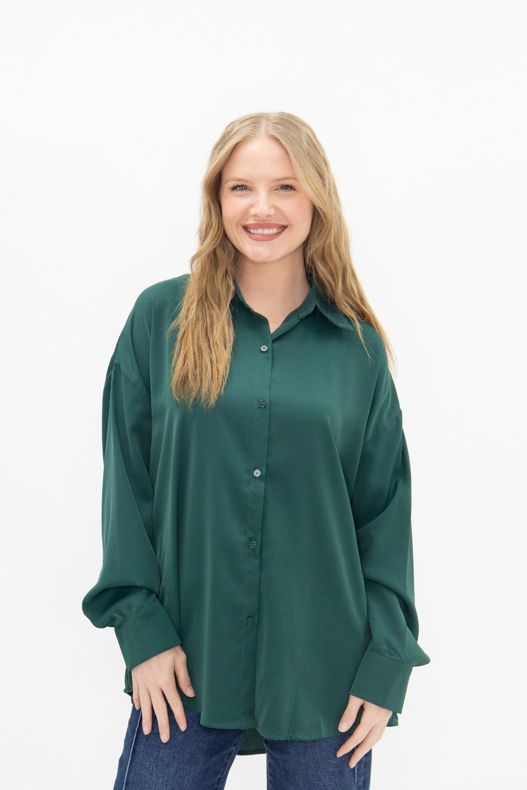 Kathryn Classic Button-Up Shirt, Forest Green | Grace+Emma