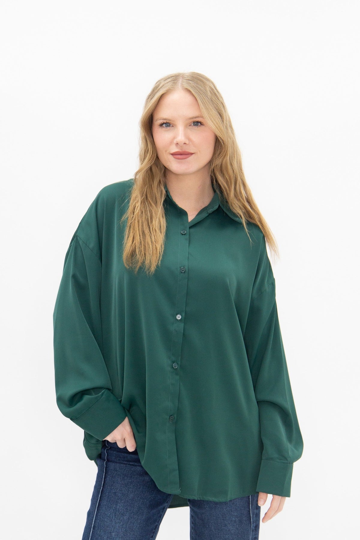 Kathryn Classic Button-Up Shirt, Forest Green | Grace+Emma