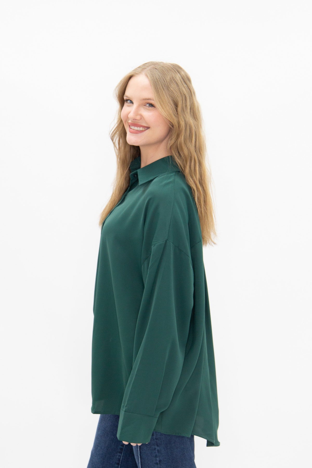 Kathryn Classic Button-Up Shirt, Forest Green | Grace+Emma