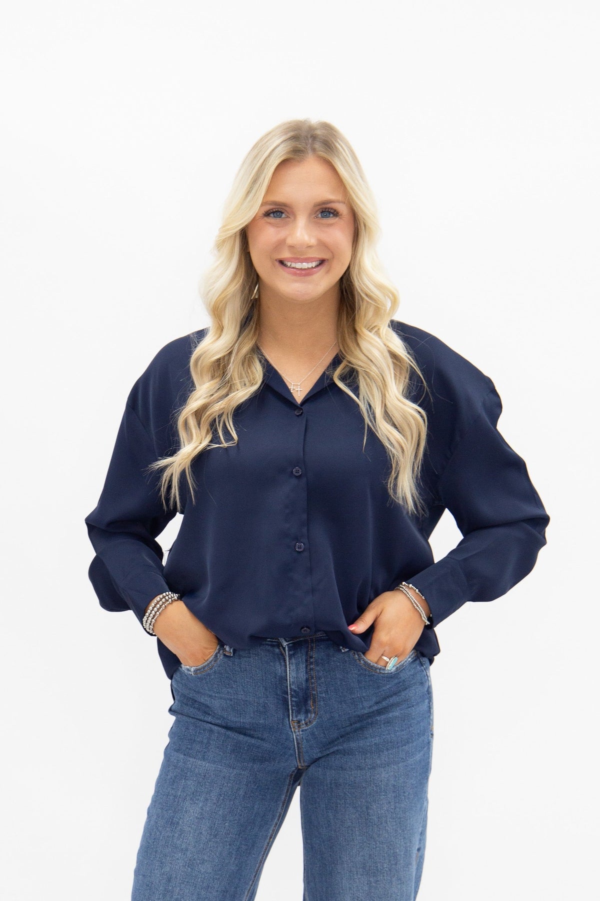Kathryn Classic Button-Up Shirt, Navy | Grace+Emma