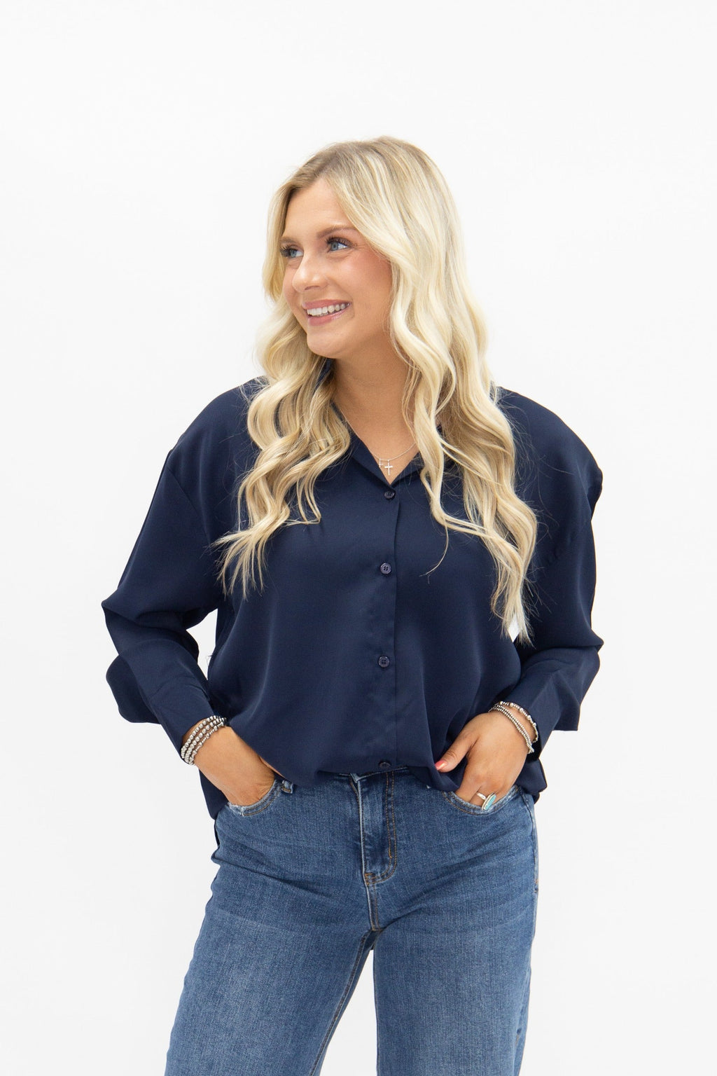 Kathryn Classic Button-Up Shirt, Navy | Grace+Emma