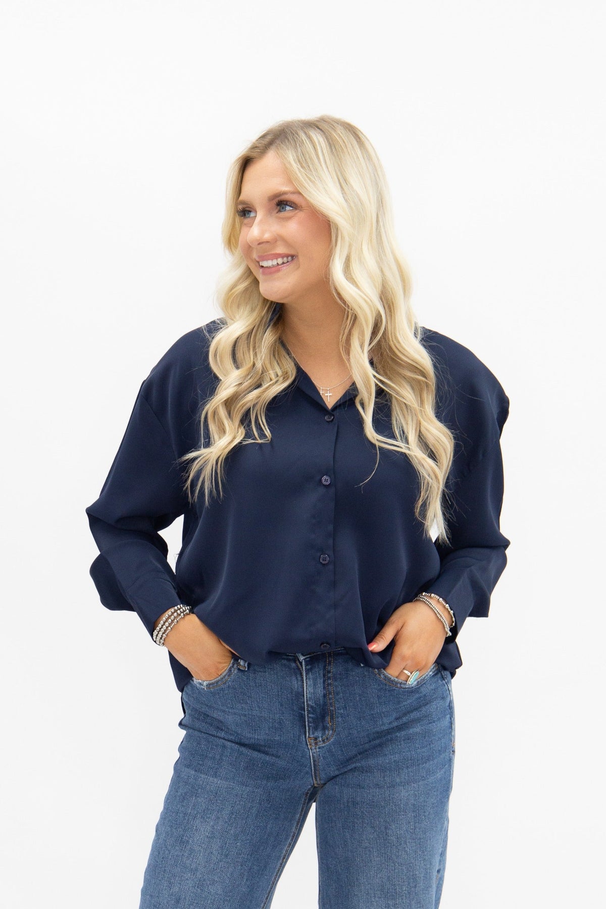 Kathryn Classic Button-Up Shirt, Navy | Grace+Emma