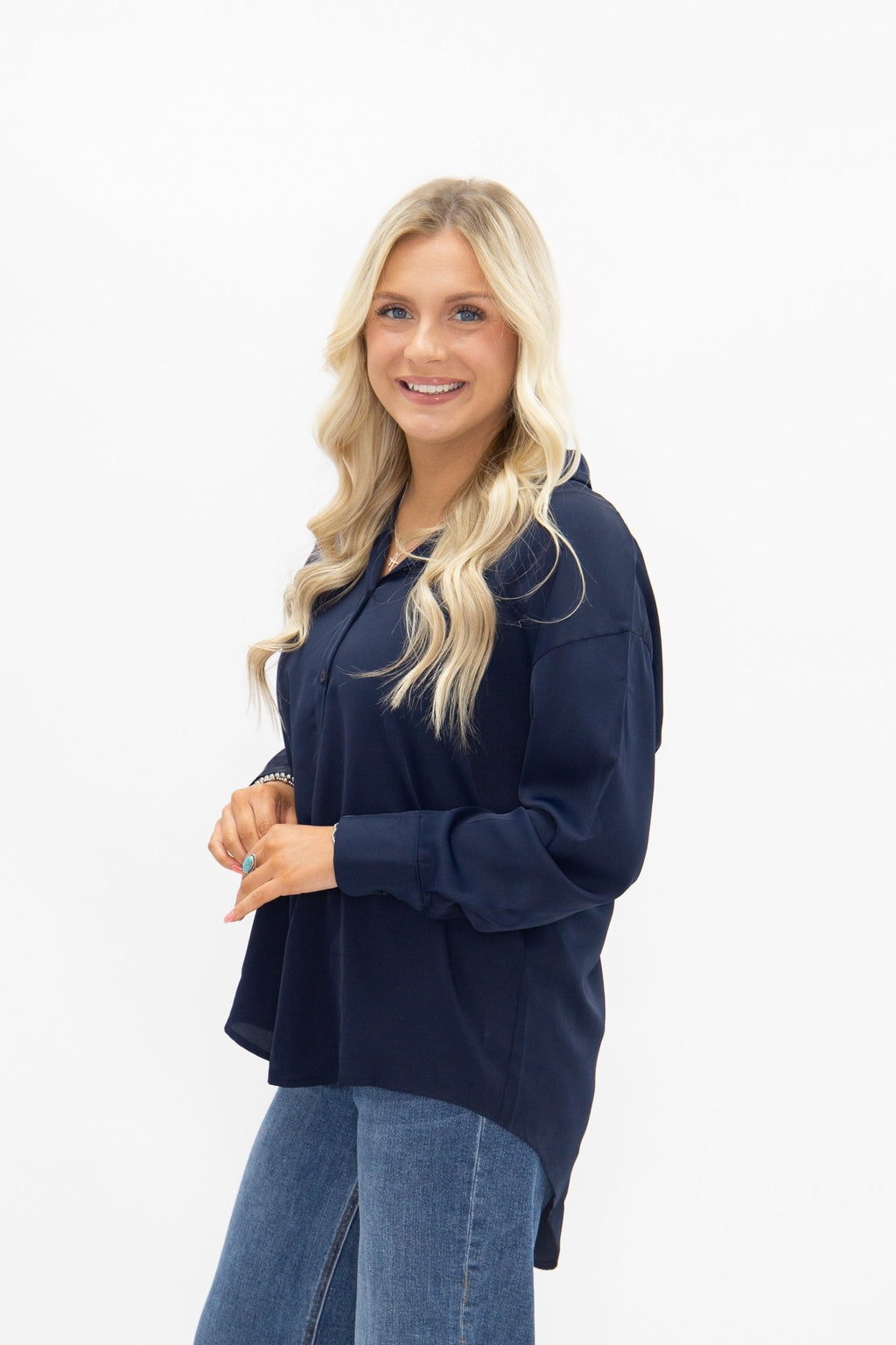 Kathryn Classic Button-Up Shirt, Navy | Grace+Emma