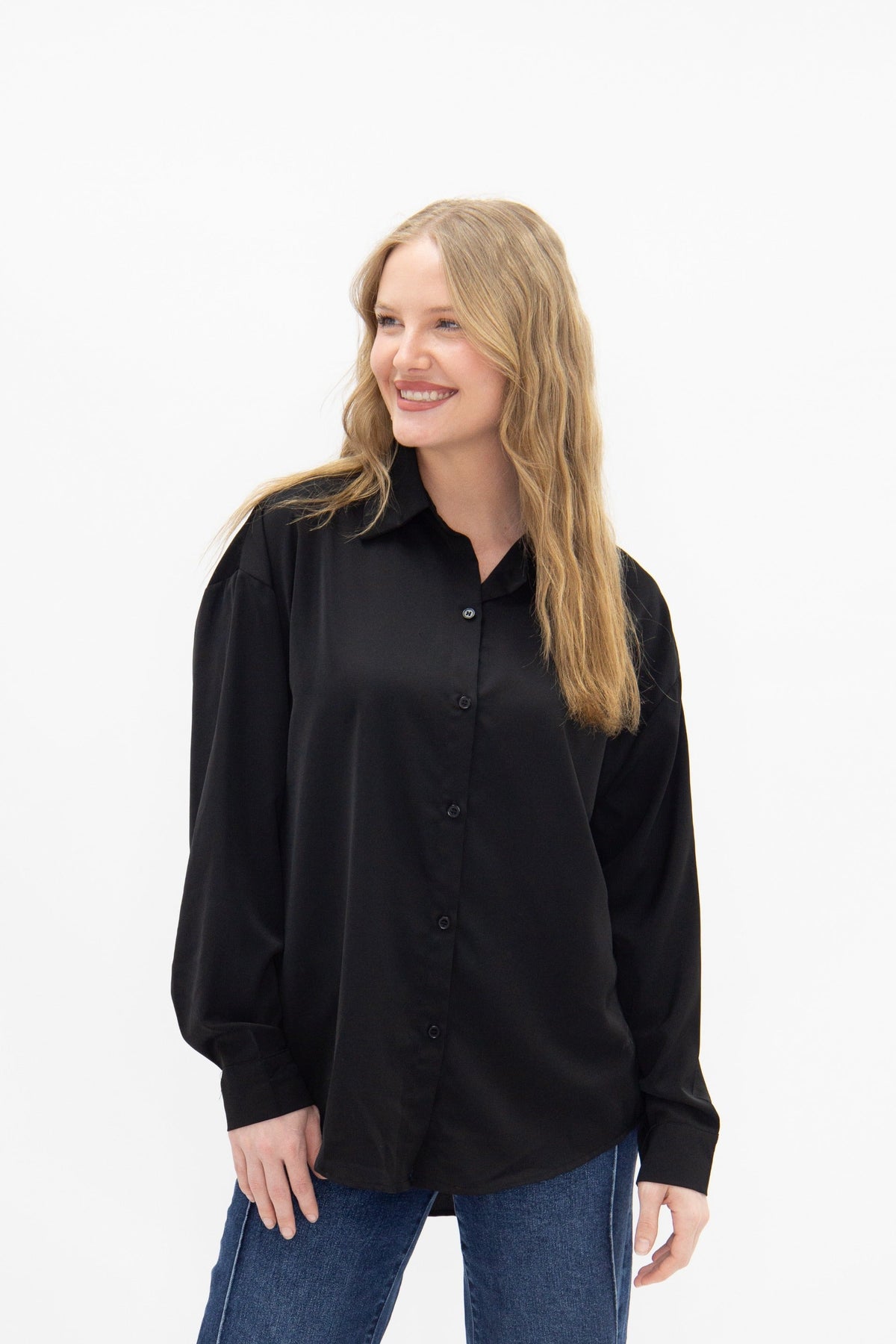 Kathryn Classic Button-Up Shirt, Black | Grace+Emma