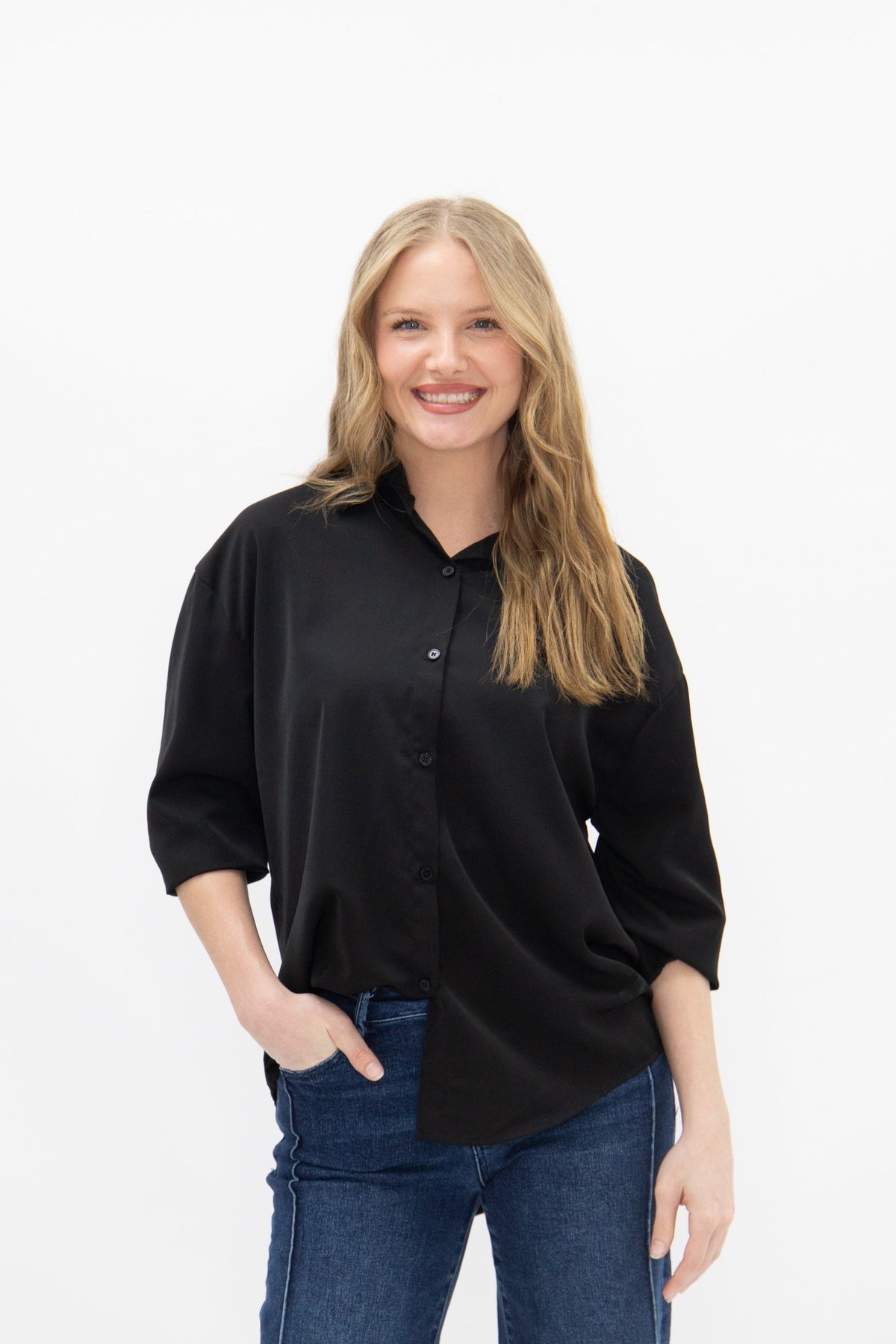 Kathryn Classic Button-Up Shirt, Black | Grace+Emma