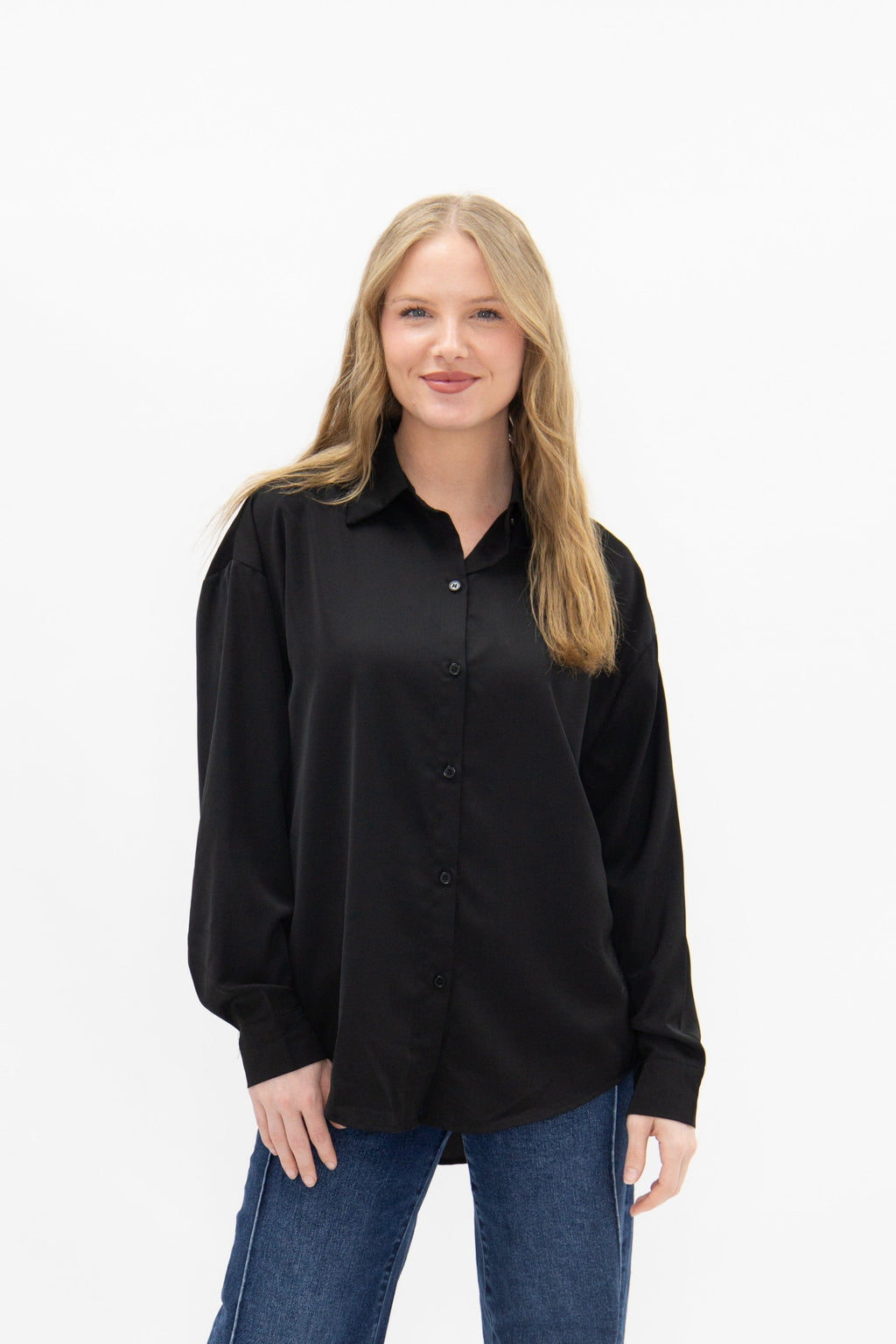 Kathryn Classic Button-Up Shirt, Black | Grace+Emma