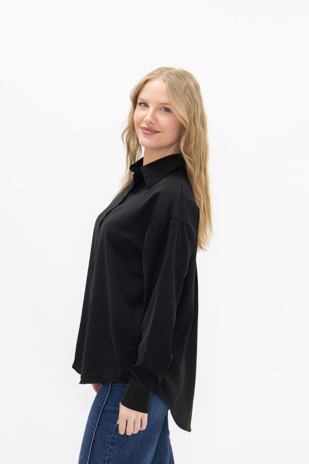 Kathryn Classic Button-Up Shirt, Black | Grace+Emma