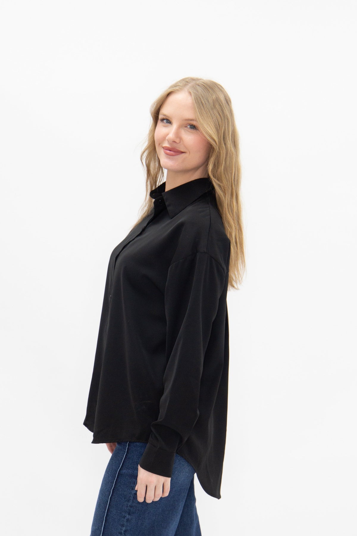 Kathryn Classic Button-Up Shirt, Black | Grace+Emma
