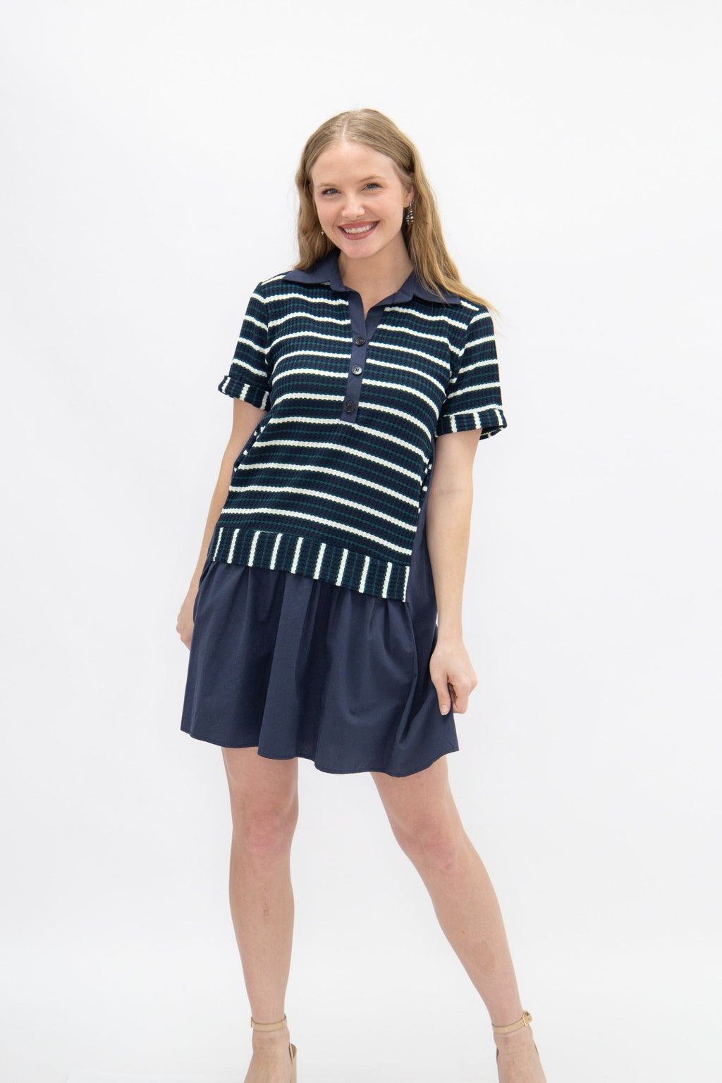 Striped Knit Top with Attached Skirt | Navy Polo Collar Boutique Dress with Pockets