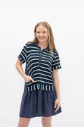 Striped Knit Top with Attached Skirt | Navy Polo Collar Boutique Dress with Pockets