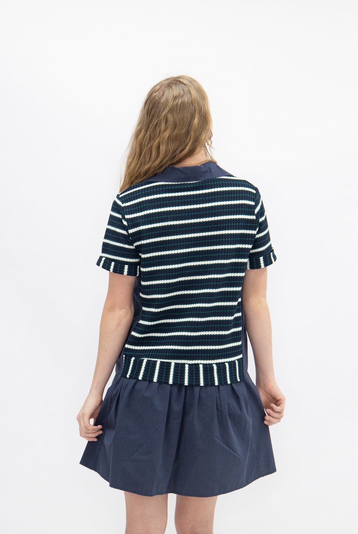 Striped Knit Top with Attached Skirt | Navy Polo Collar Boutique Dress with Pockets