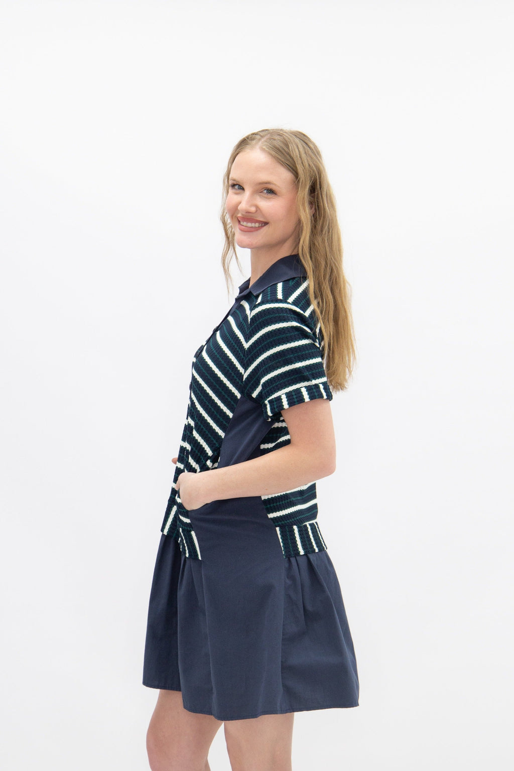 Striped Knit Top with Attached Skirt | Navy Polo Collar Boutique Dress with Pockets