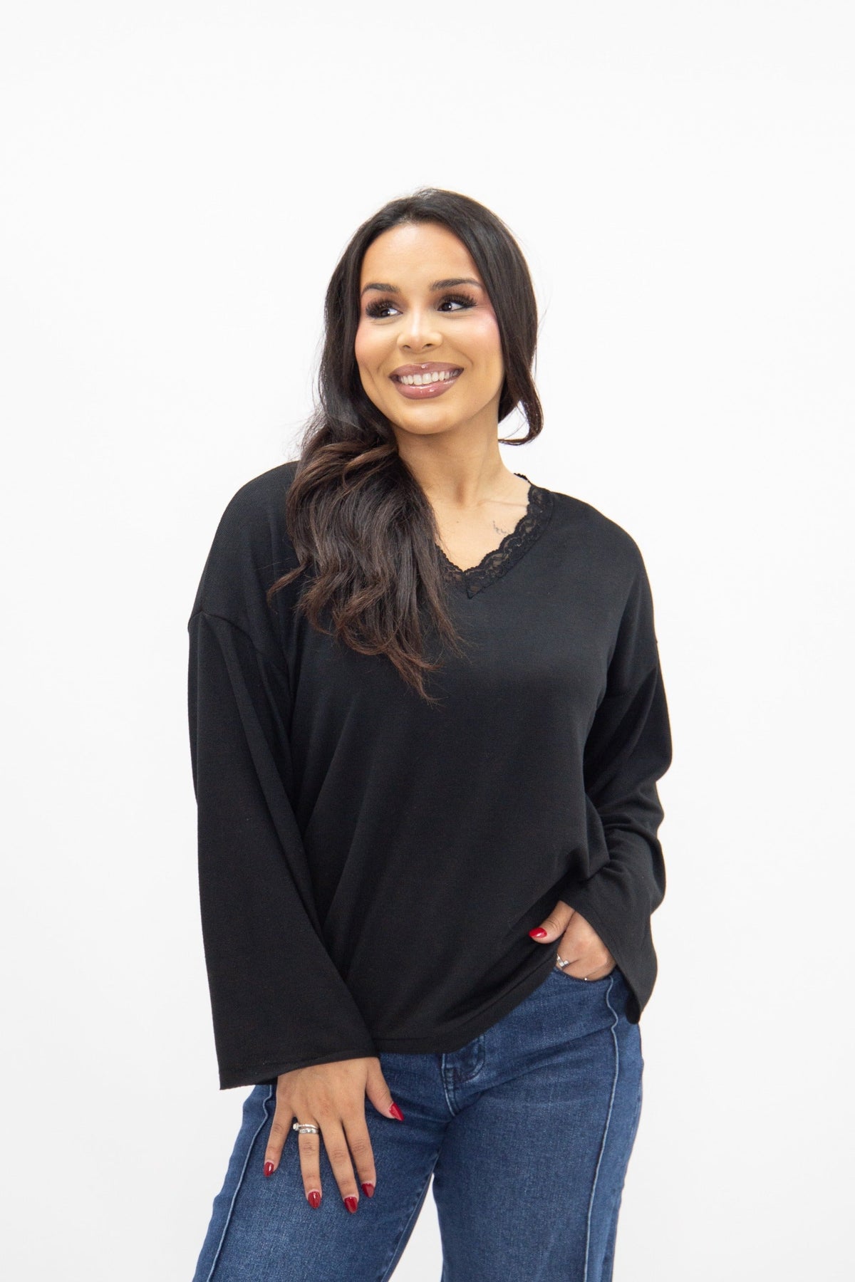 V-Neck Top with Lace Trim, Black | Grace+Emma