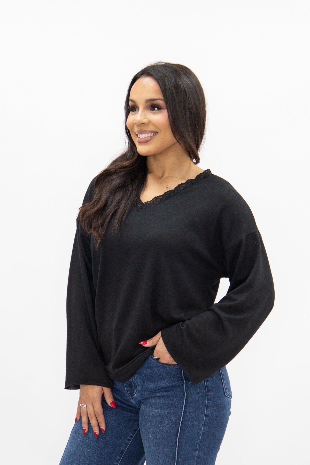 V-Neck Top with Lace Trim, Black | Grace+Emma