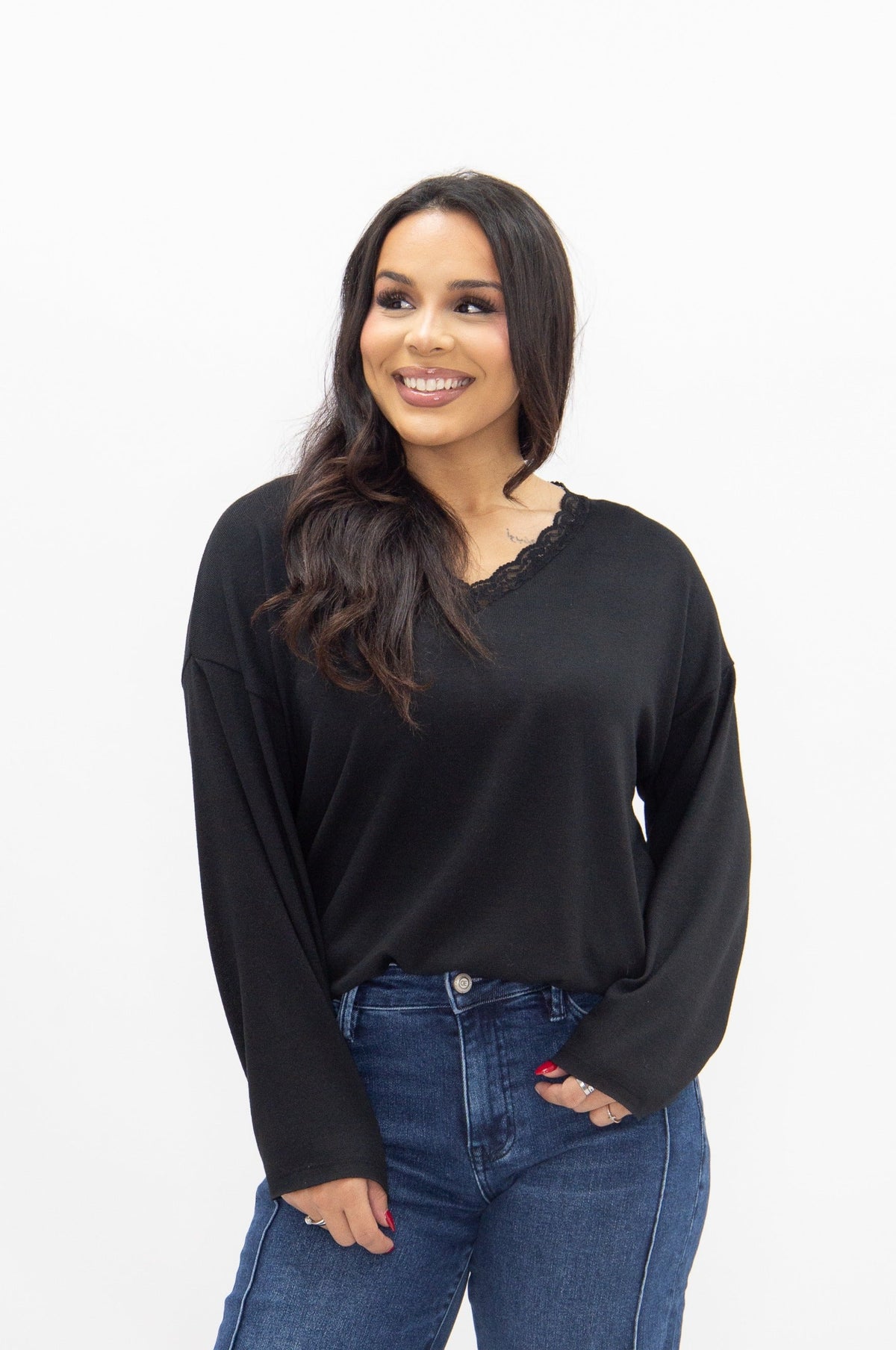 V-Neck Top with Lace Trim, Black | Grace+Emma