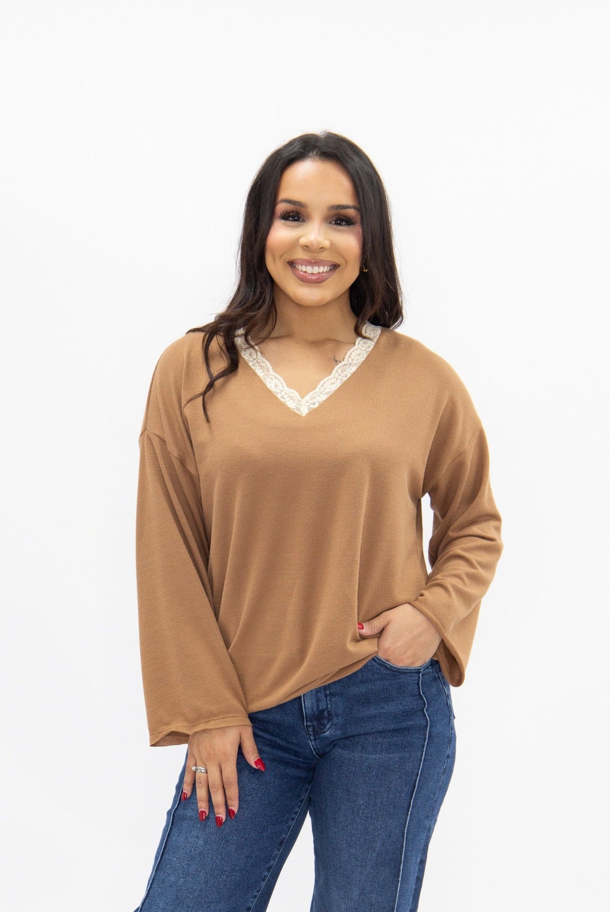 V-Neck Top with Lace Trim, Brown | Grace+Emma