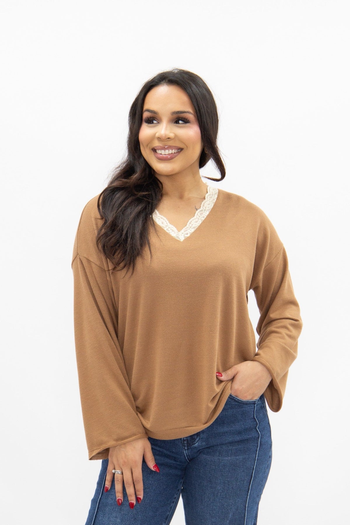 V-Neck Top with Lace Trim, Brown | Grace+Emma