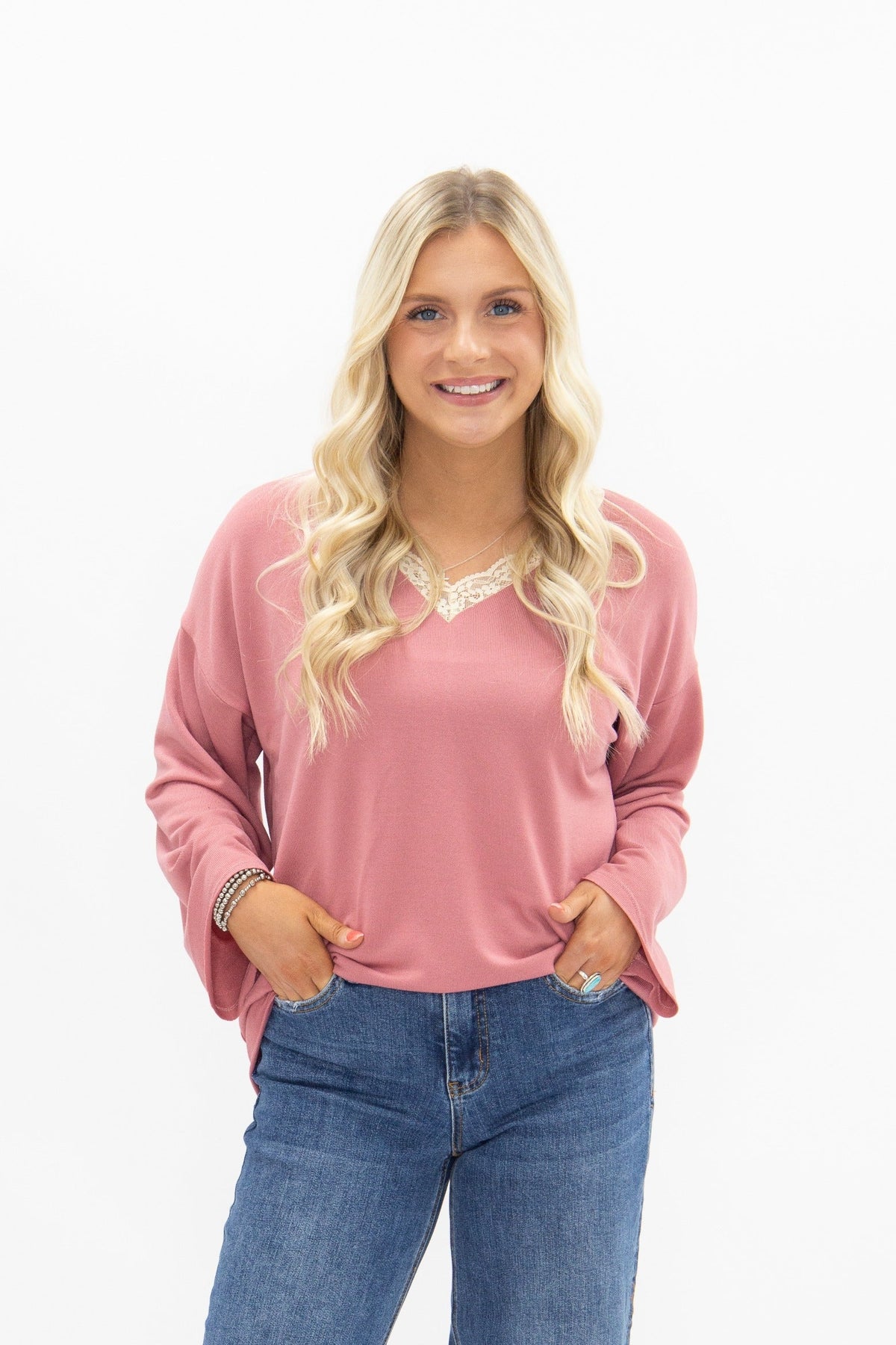 V-Neck Top with Lace Trim, Dusty Rose | Grace+Emma