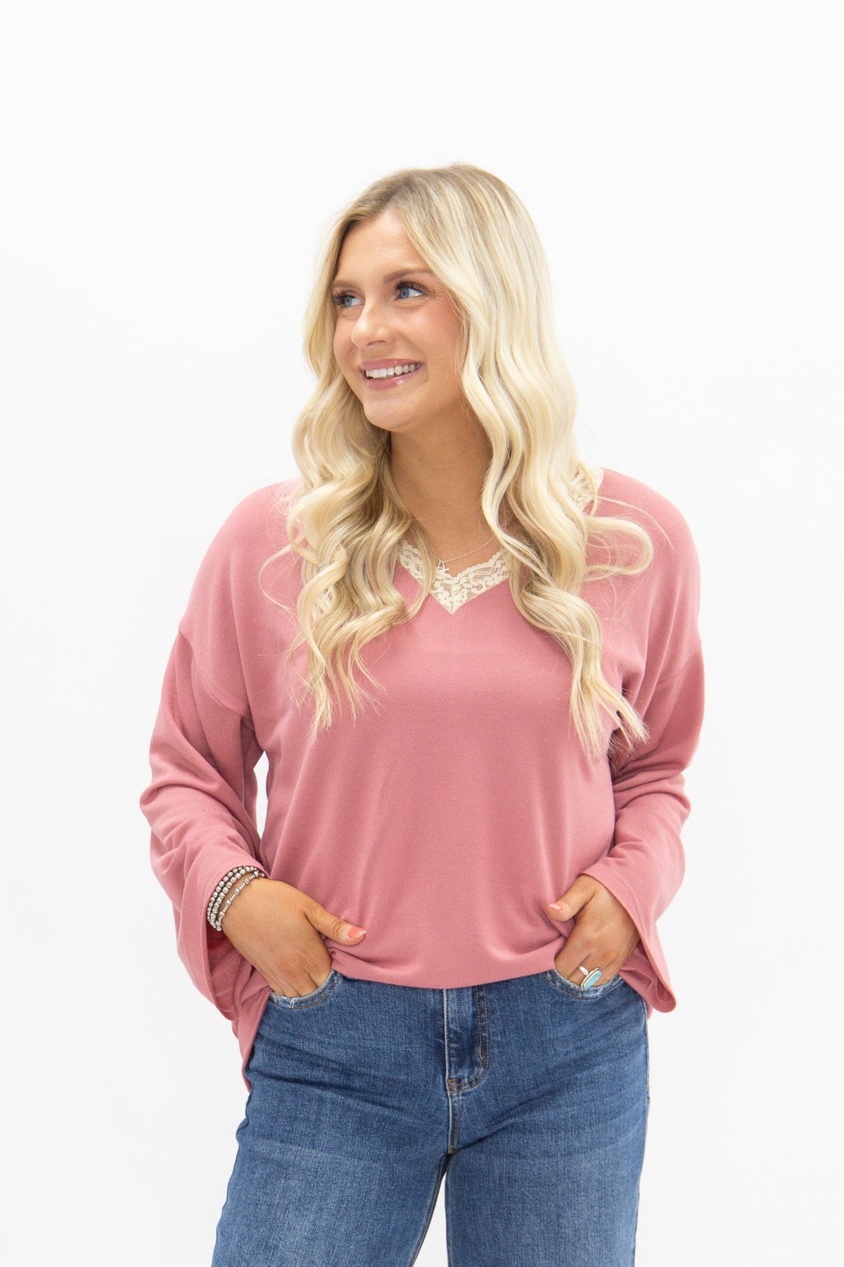 V-Neck Top with Lace Trim, Dusty Rose | Grace+Emma