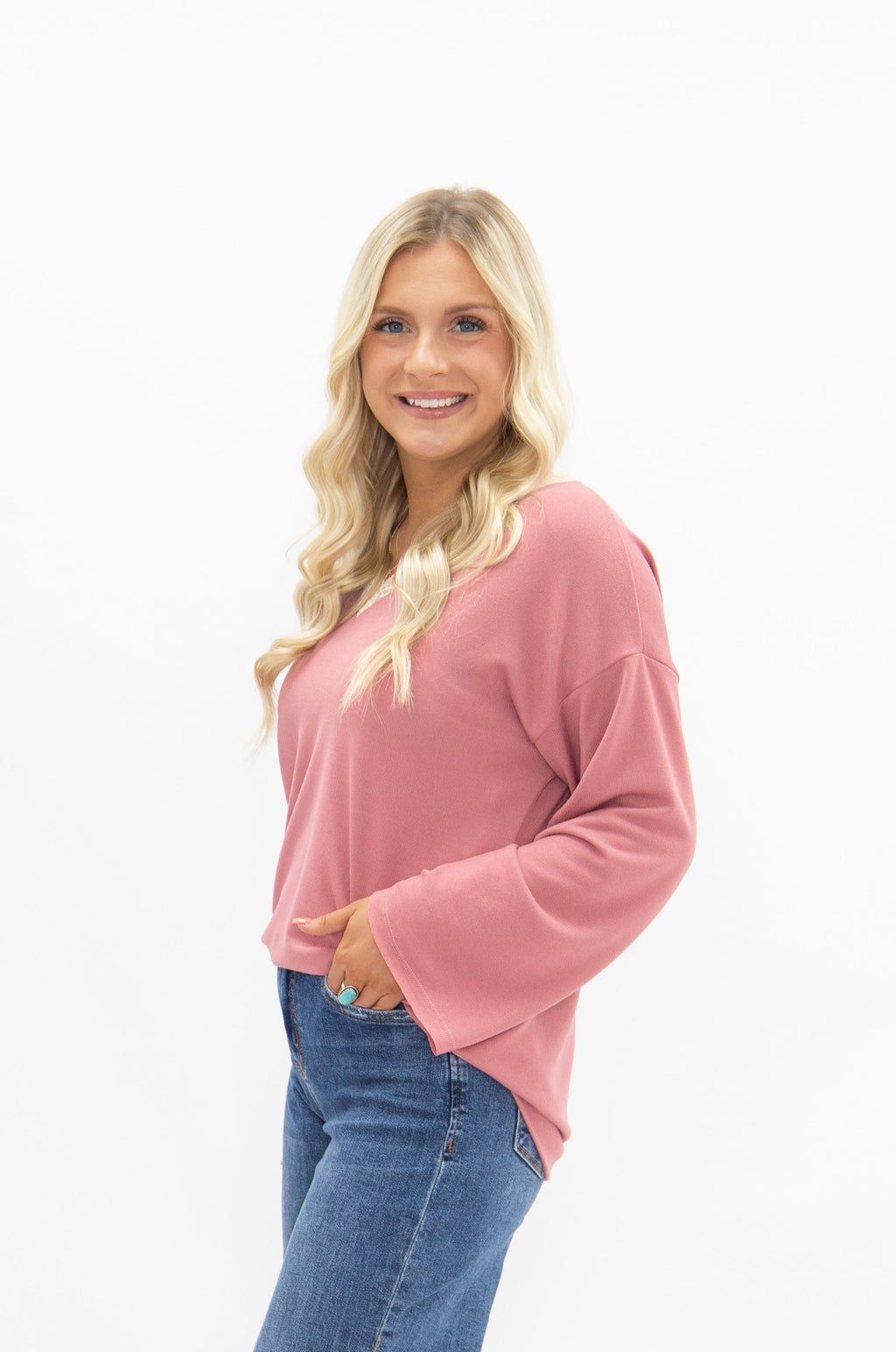 V-Neck Top with Lace Trim, Dusty Rose | Grace+Emma