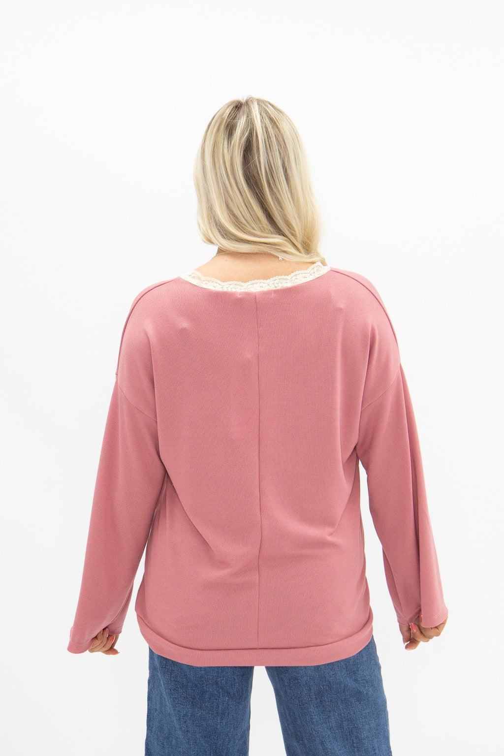 V-Neck Top with Lace Trim, Dusty Rose | Grace+Emma