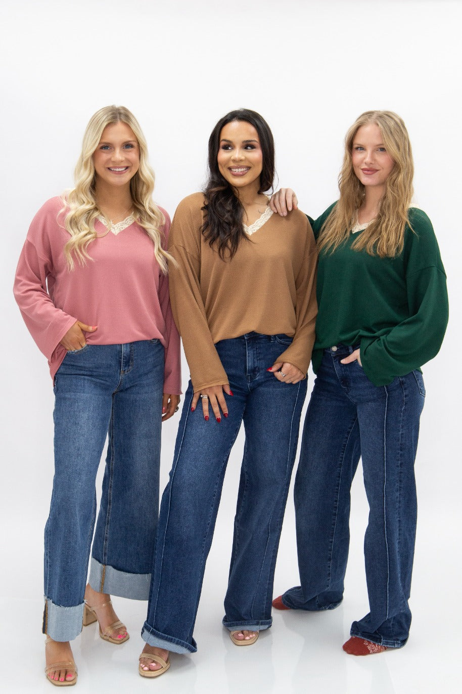 V-Neck Top with Lace Trim, Dusty Rose | Grace+Emma