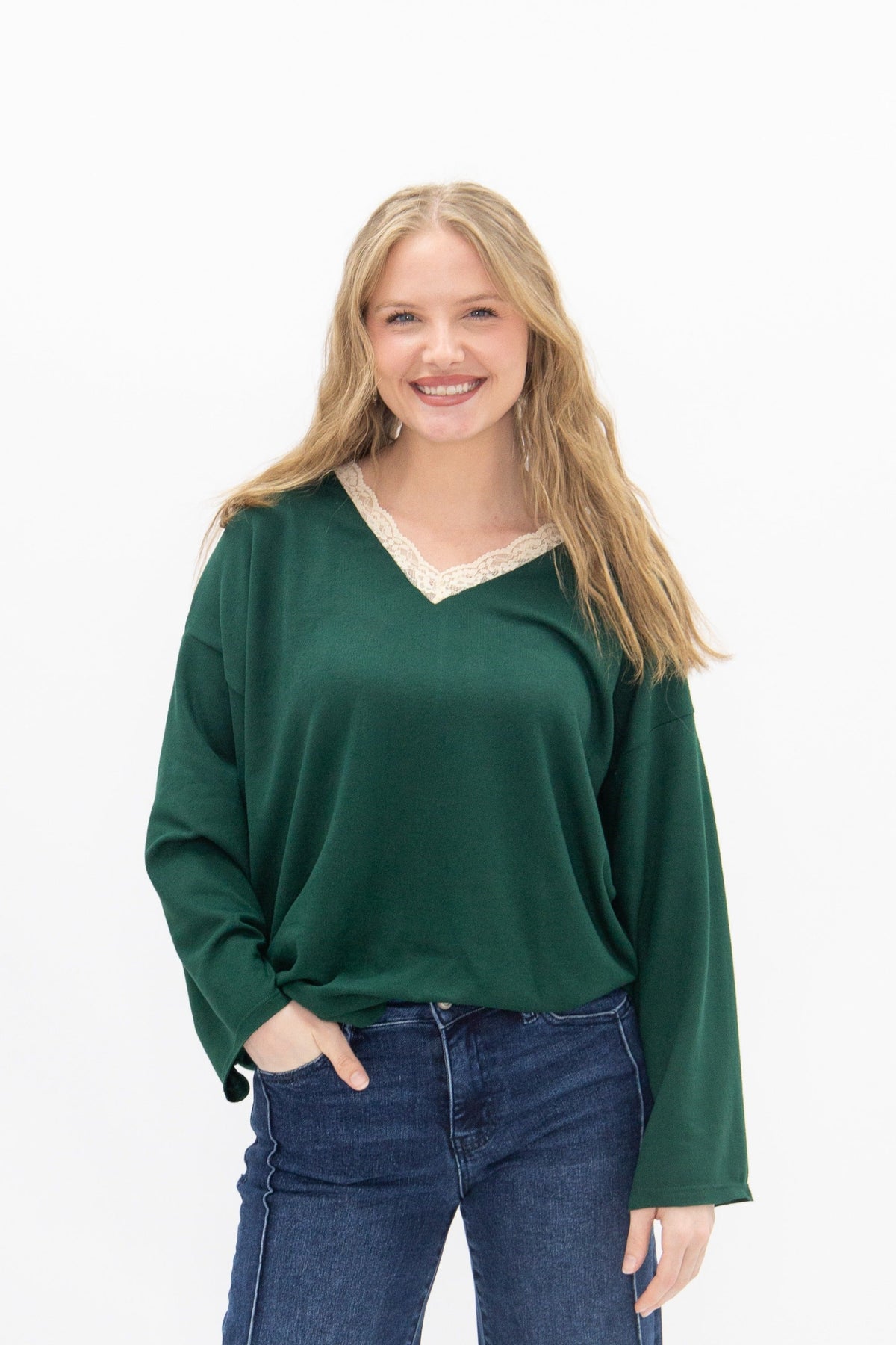 V-Neck Top with Lace Trim, Forest Green | Grace+Emma