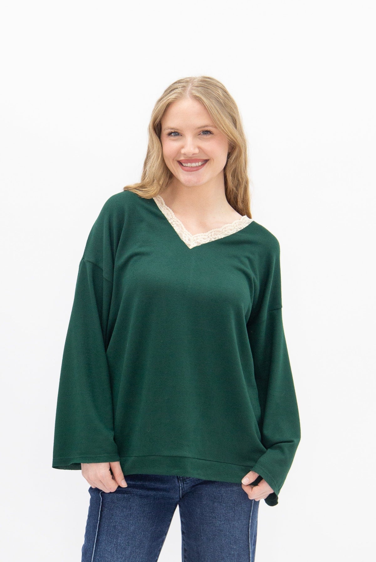 V-Neck Top with Lace Trim, Forest Green | Grace+Emma