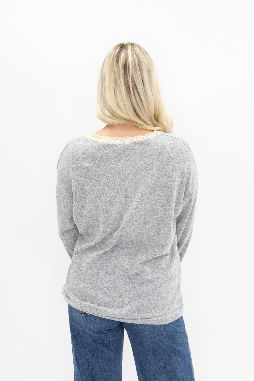V-Neck Top with Lace Trim, Grey | Grace+Emma