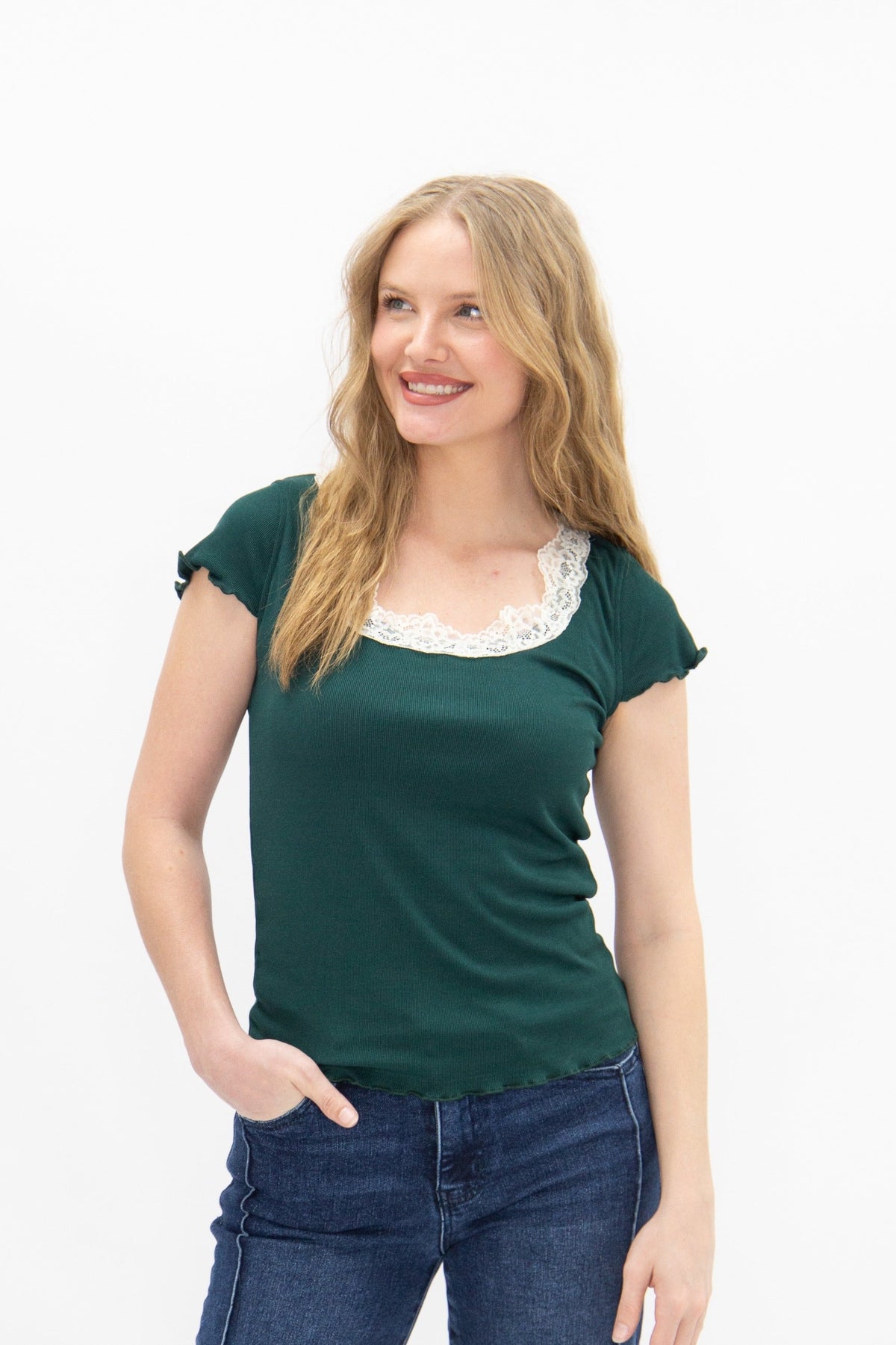 Square Neck Tee with Lace Trim, Forest Green | Grace+Emma