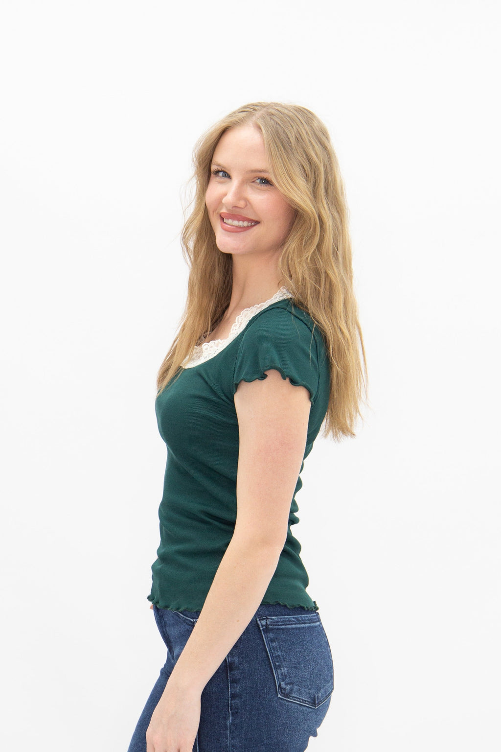 Square Neck Tee with Lace Trim, Forest Green | Grace+Emma