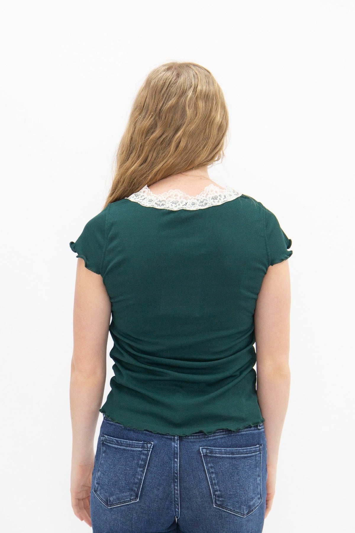 Square Neck Tee with Lace Trim, Forest Green | Grace+Emma