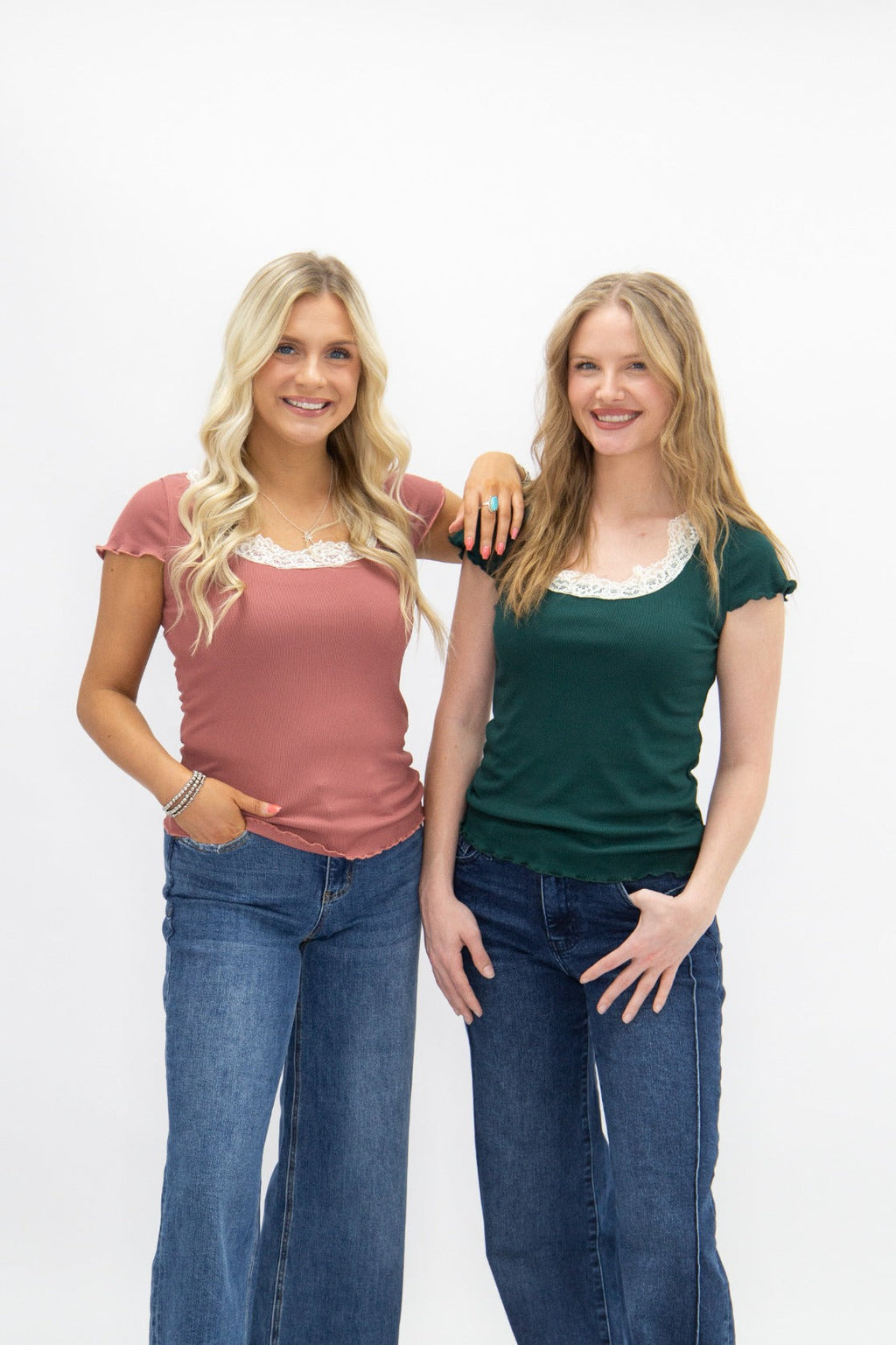 Square Neck Tee with Lace Trim, Forest Green | Grace+Emma