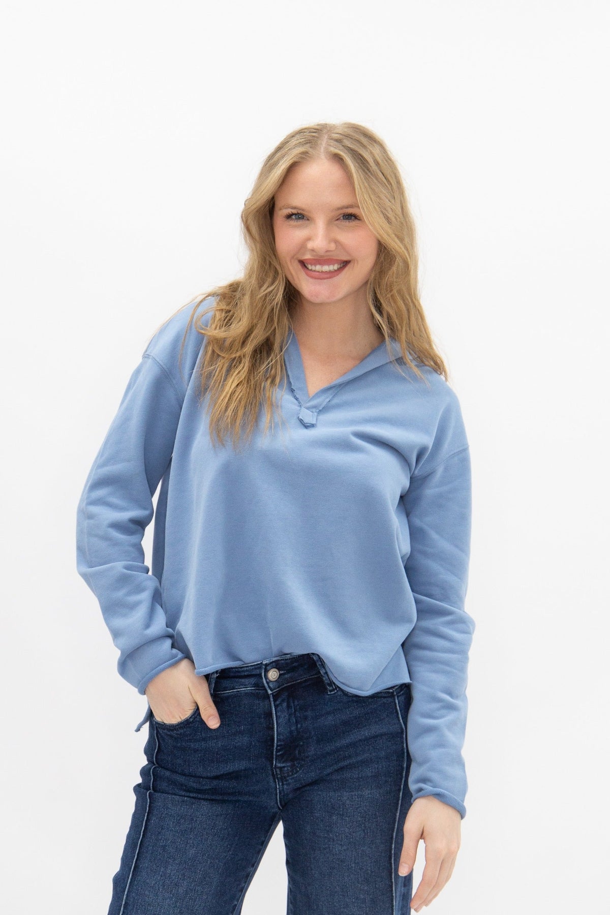 V-Neck Collared Pullover, Blue | Grace+Emma