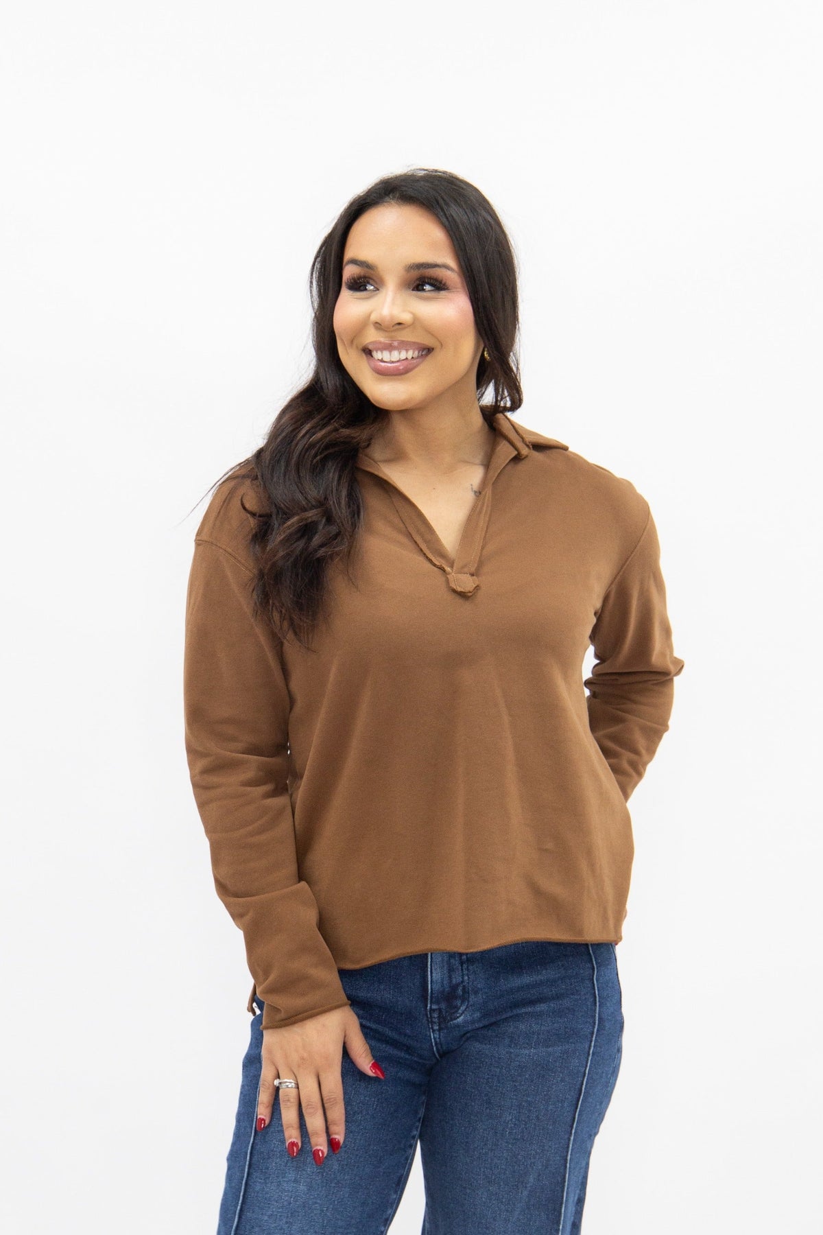V-Neck Collared Pullover, Brown | Grace+Emma