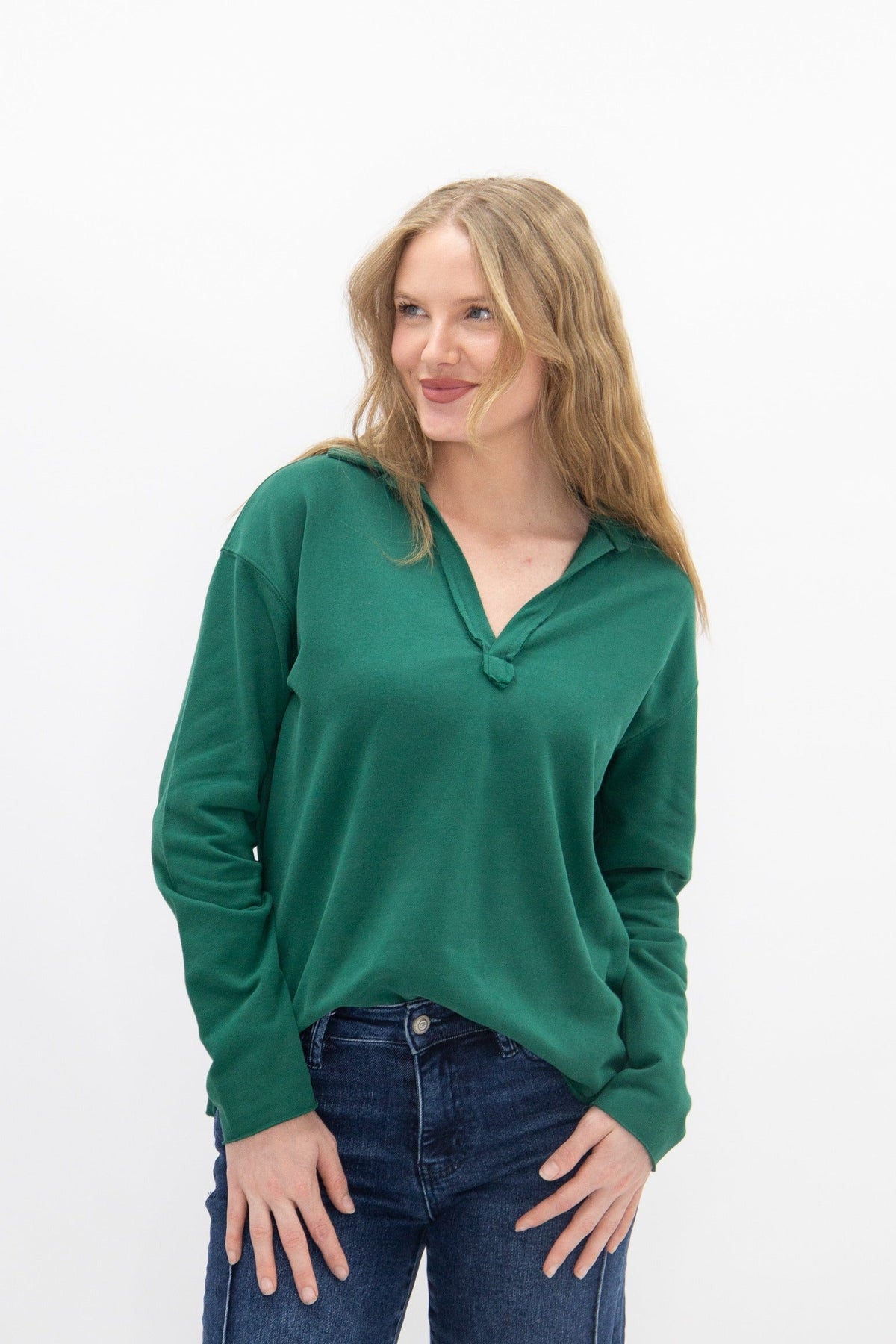 V-Neck Collared Pullover, Green | Grace+Emma