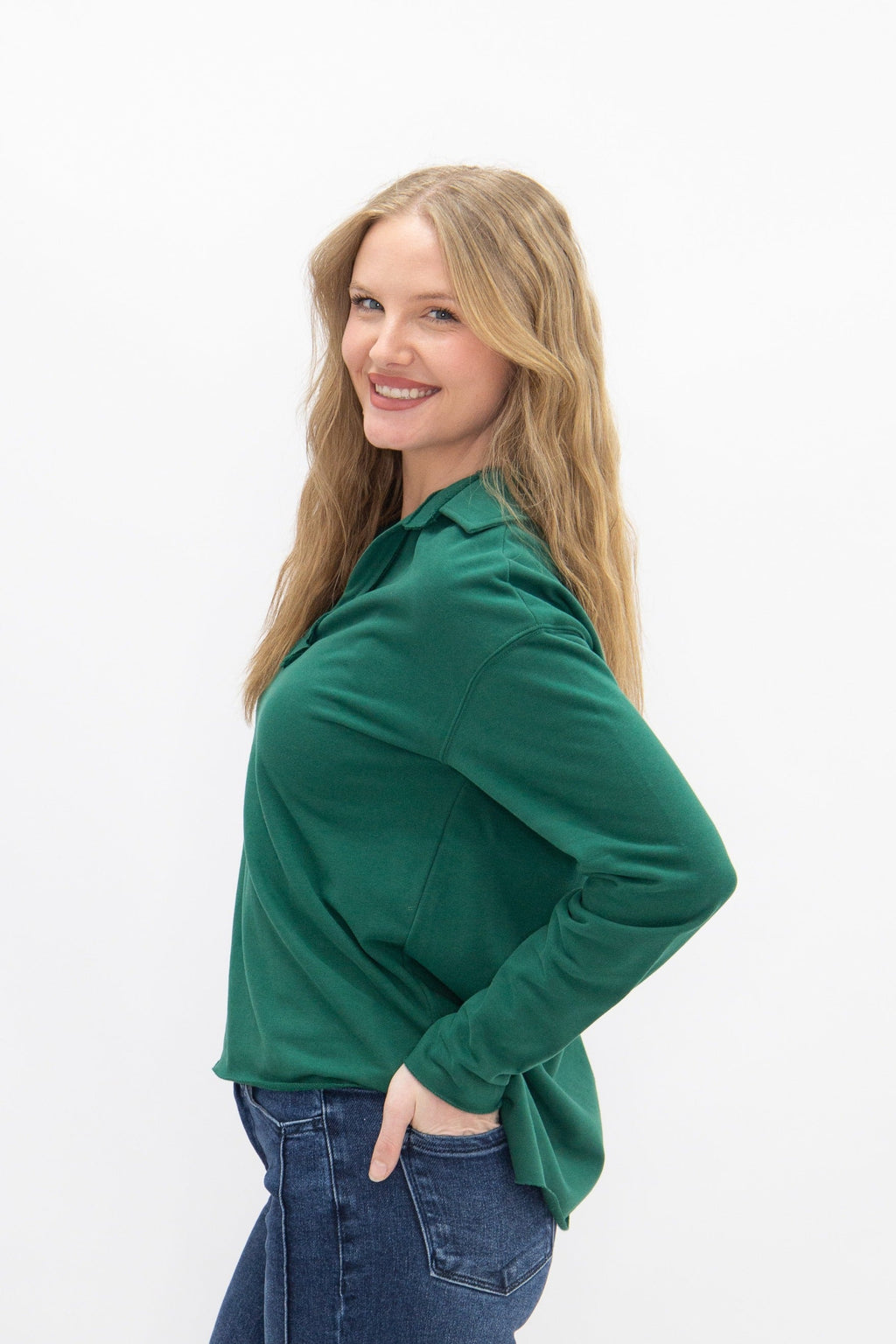 V-Neck Collared Pullover, Green | Grace+Emma