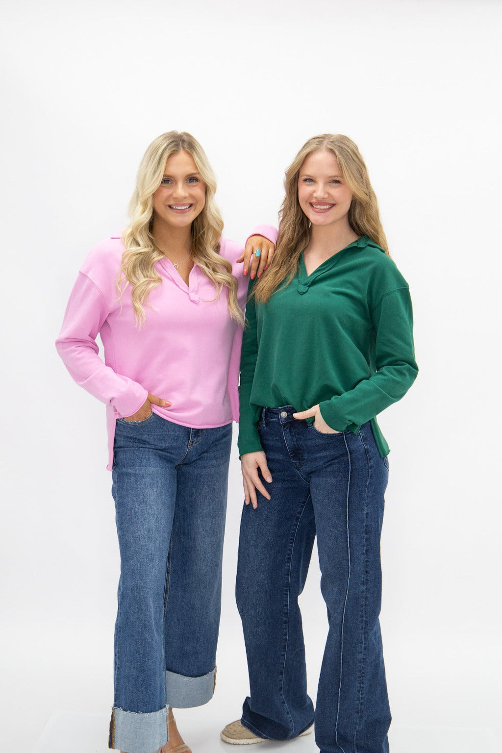 V-Neck Collared Pullover, Green | Grace+Emma