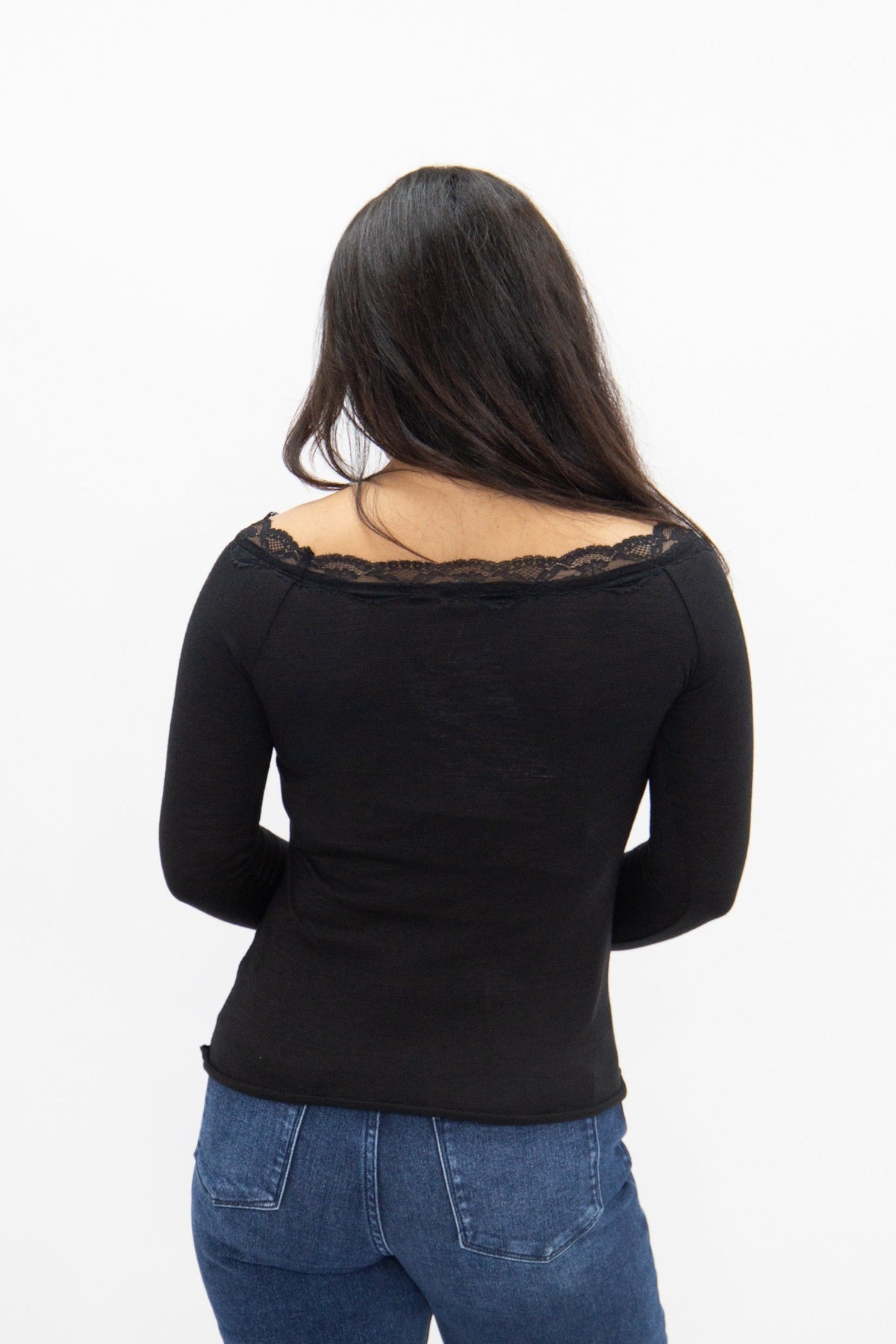 Long-Sleeve Off-the-Shoulder Top with Lace Trim, Black | Grace+Emma