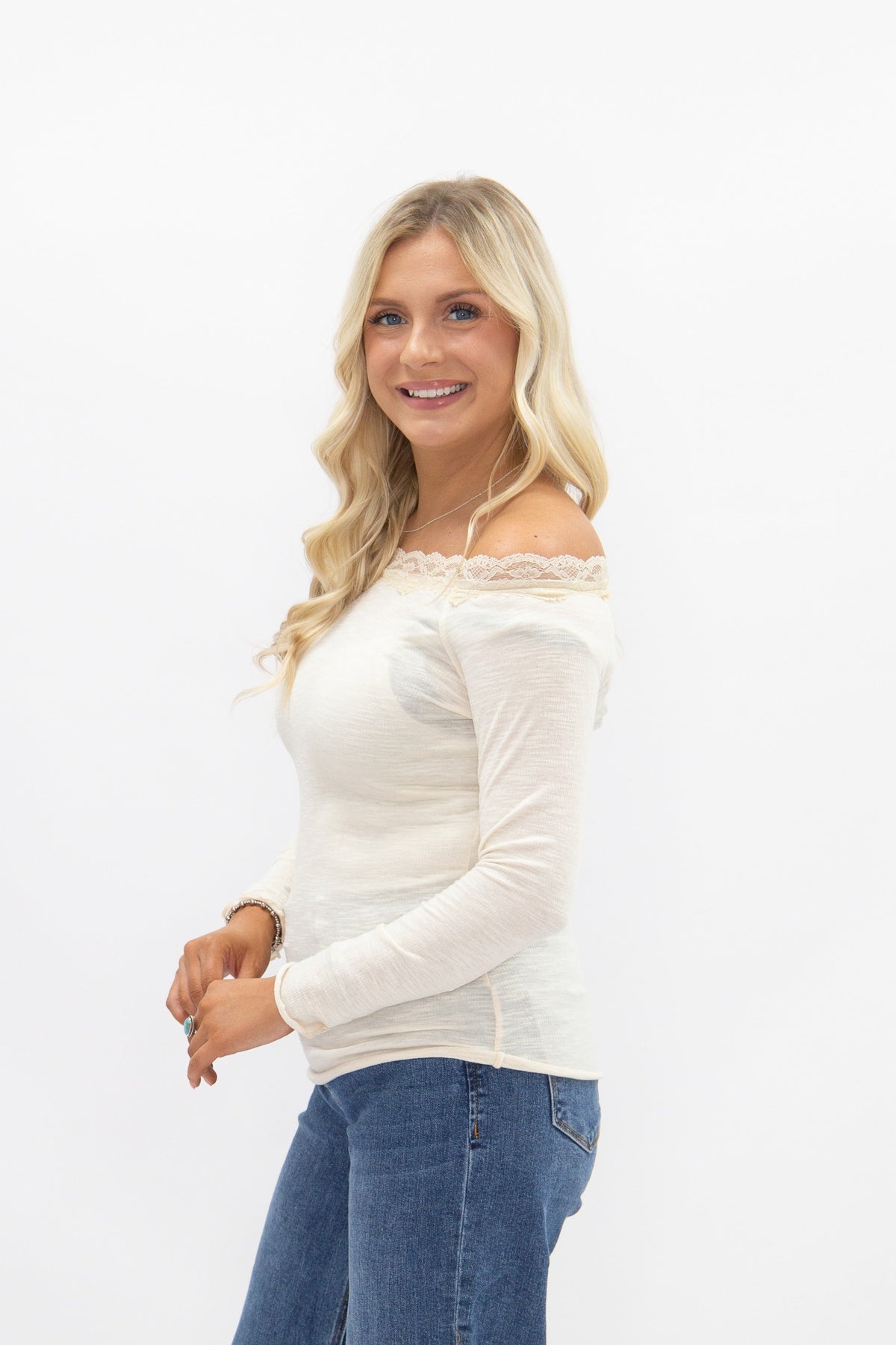 Long-Sleeve Off-the-Shoulder Top with Lace Trim, Ivory | Grace+Emma