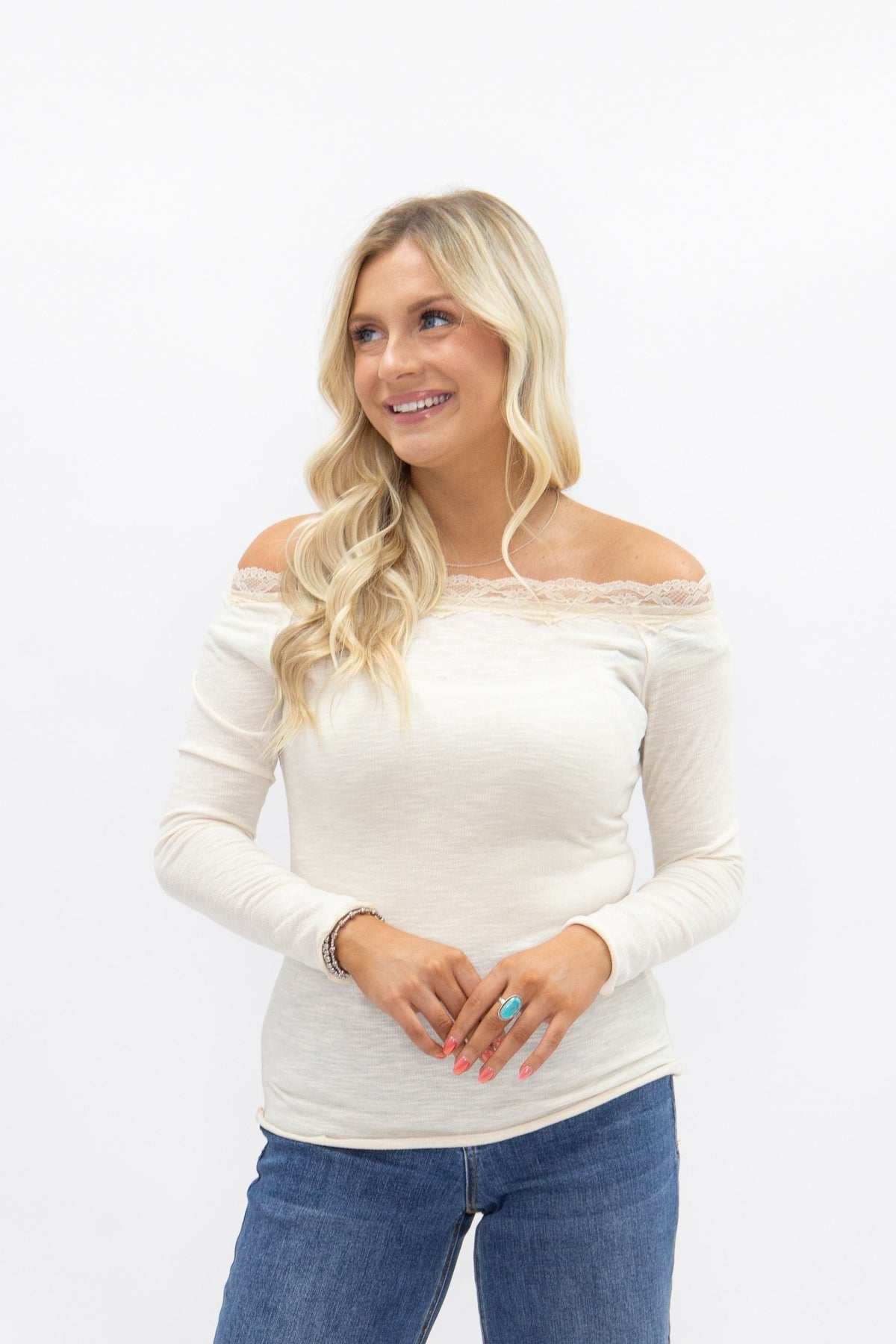 Long-Sleeve Off-the-Shoulder Top with Lace Trim, Ivory | Grace+Emma