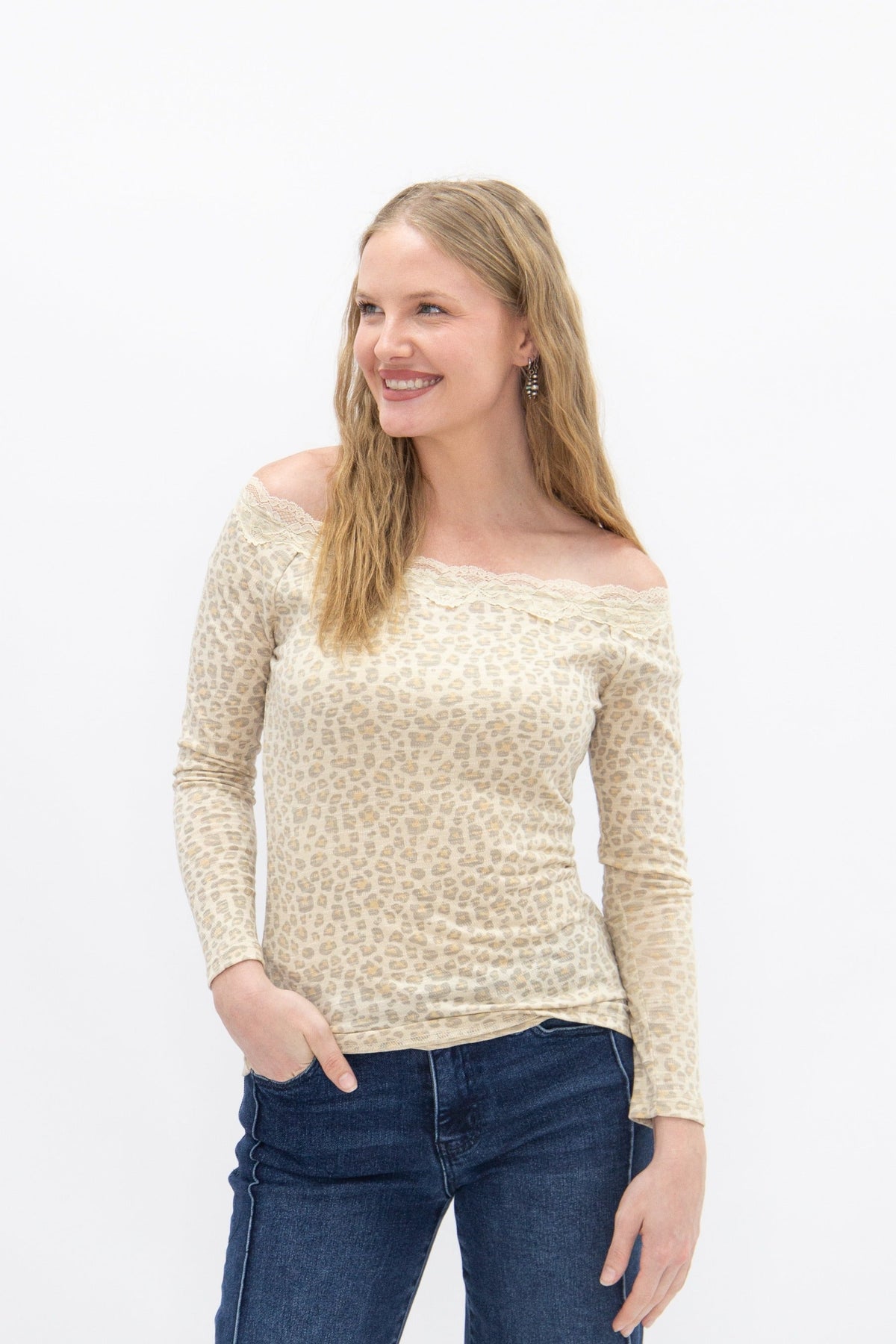 Long Sleeve Off-the-Shoulder Lace Trim Top, Leopard | Grace+Emma