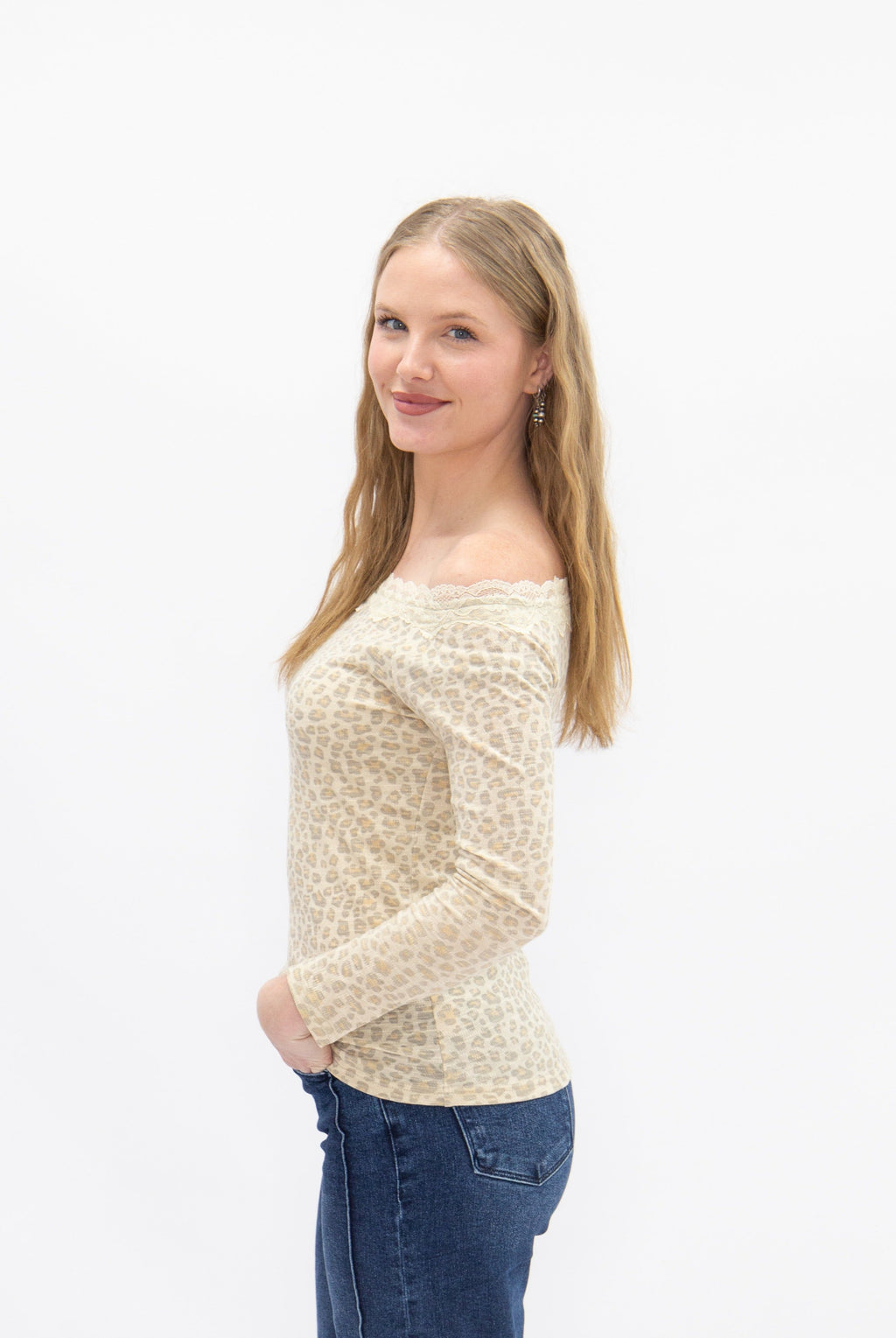 Long Sleeve Off-the-Shoulder Lace Trim Top, Leopard | Grace+Emma