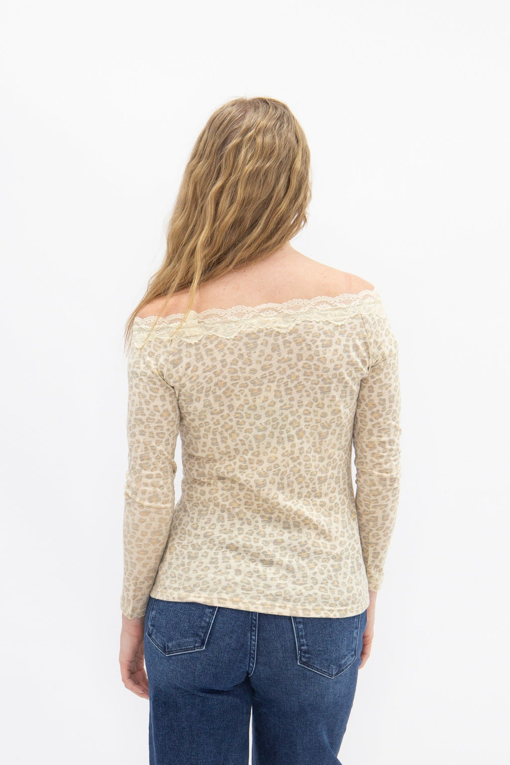 Long Sleeve Off-the-Shoulder Lace Trim Top, Leopard | Grace+Emma