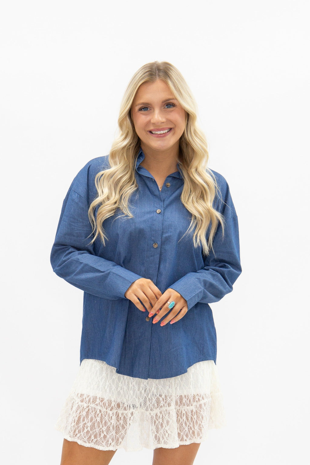 Kathryn Classic Button-Up Shirt, Chambray Blue | Grace+Emma