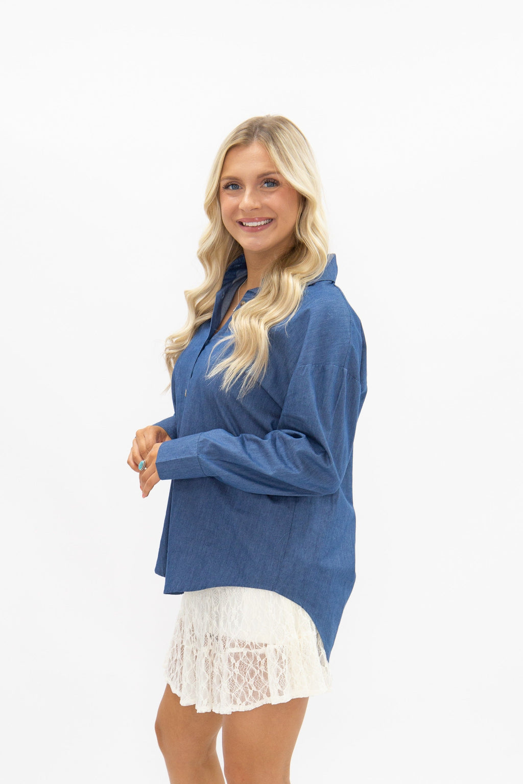 Kathryn Classic Button-Up Shirt, Chambray Blue | Grace+Emma