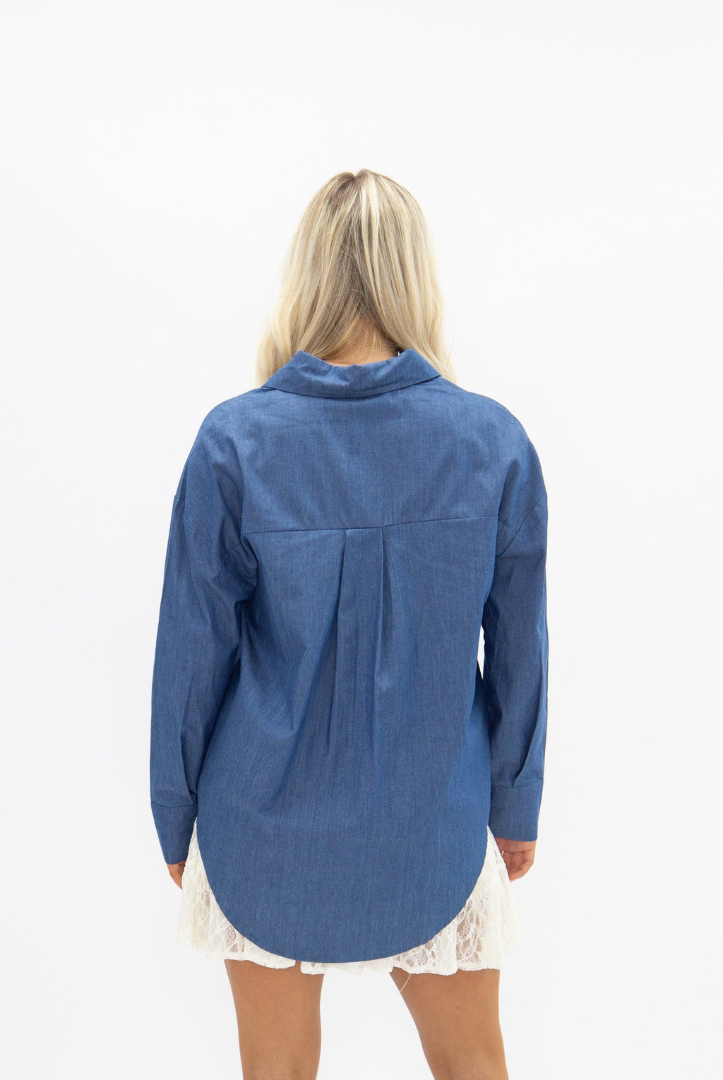 Kathryn Classic Button-Up Shirt, Chambray Blue | Grace+Emma