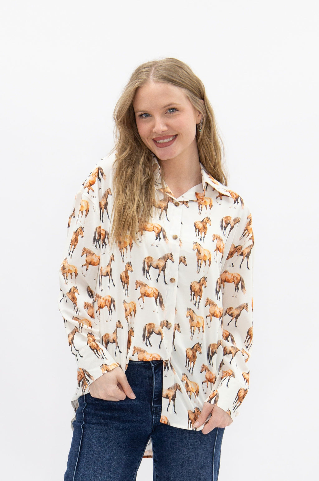 Kathryn Button-Up Shirt, Horse Print | Grace+Emma