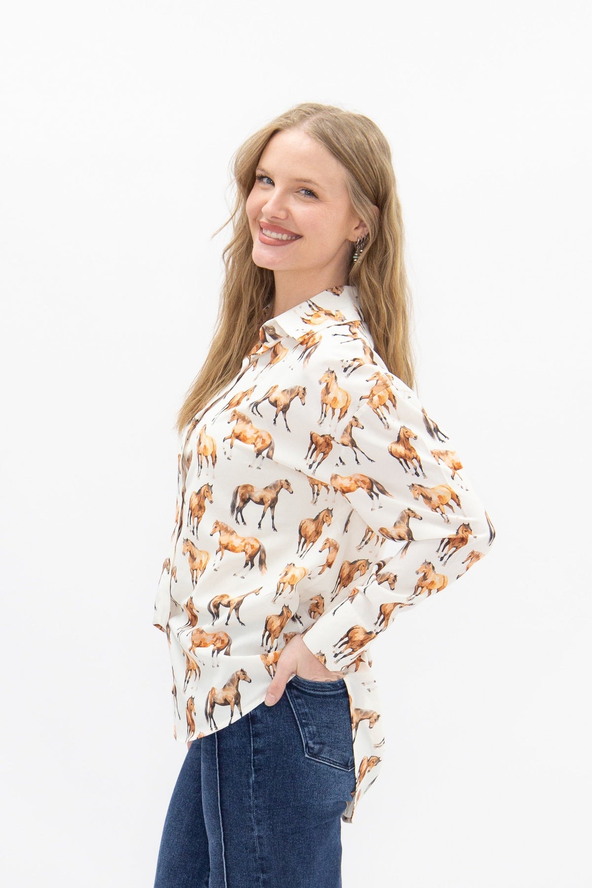 Kathryn Button-Up Shirt, Horse Print | Grace+Emma